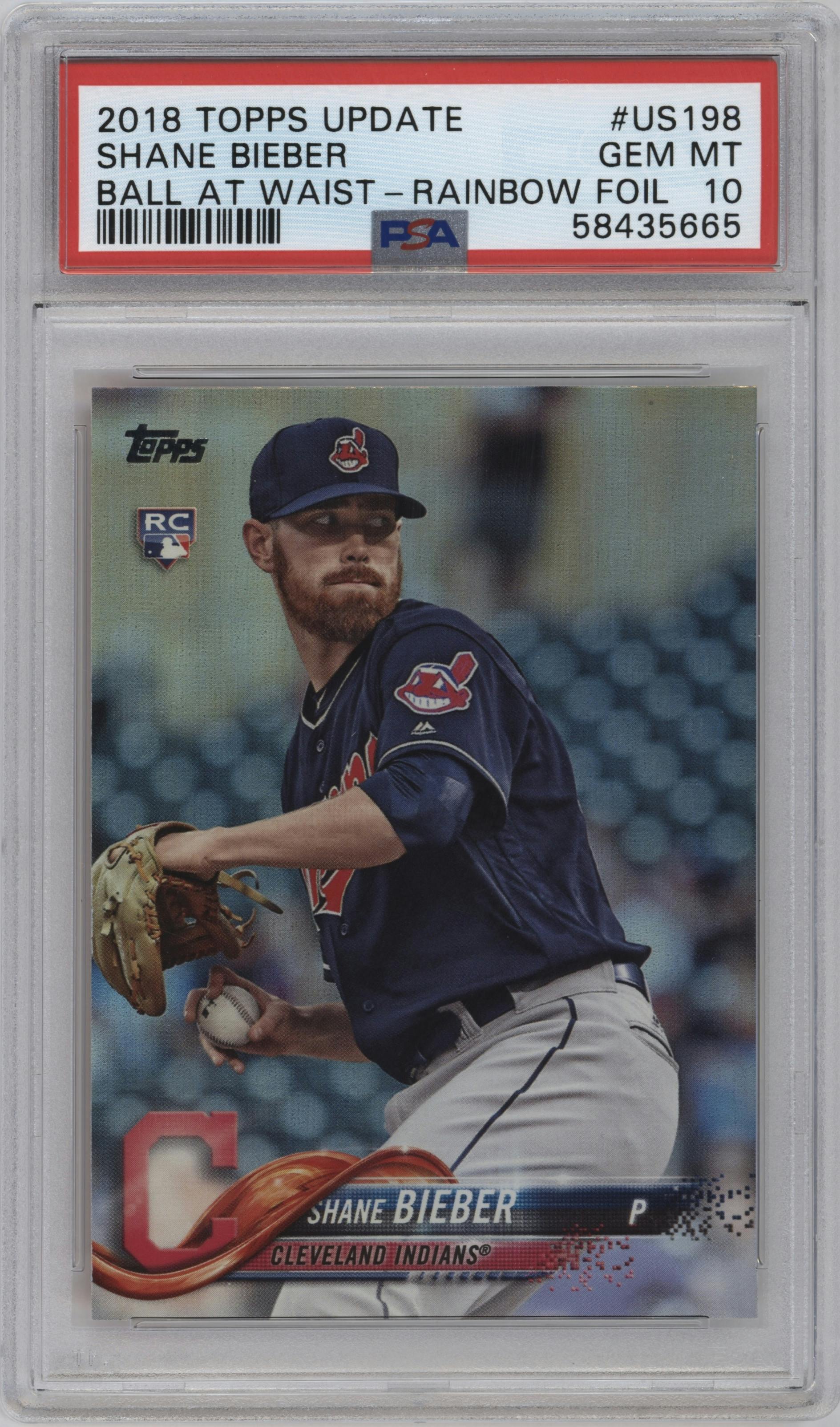 Shane Bieber from the 2018 Topps Update set featuring a Rainbow Foil parallel graded by PSA and given an overall grade of 10.