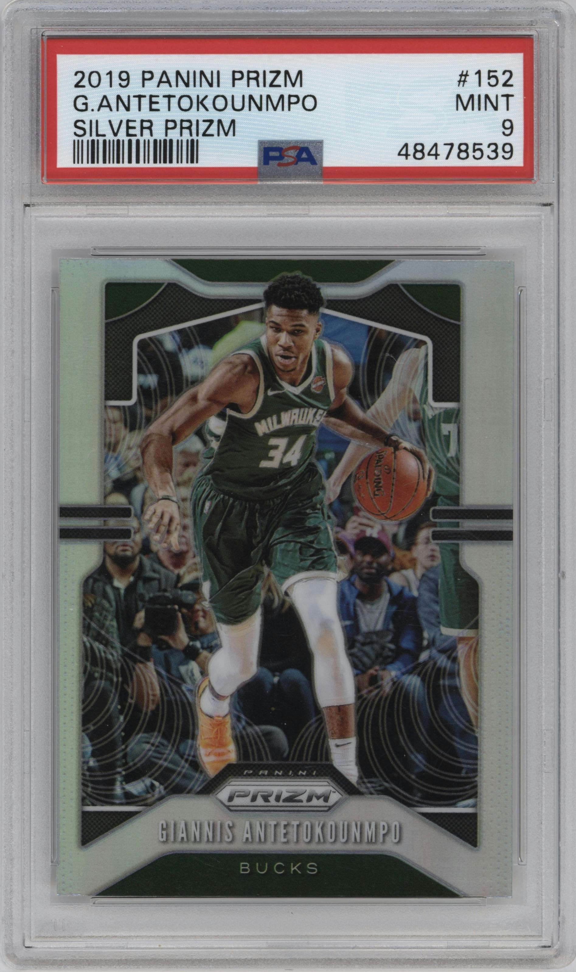 Giannis Antetokounmpo from the 2019-20 Panini Prizm set featuring a Silver Prizm parallel graded by PSA and given an overall grade of 9.
