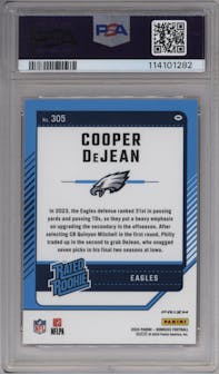 Cooper DeJean from the 2024 Donruss set featuring a Red Wave parallel graded by PSA and given an overall grade of 10.