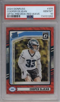 Cooper DeJean from the 2024 Donruss set featuring a Red Wave parallel graded by PSA and given an overall grade of 10.