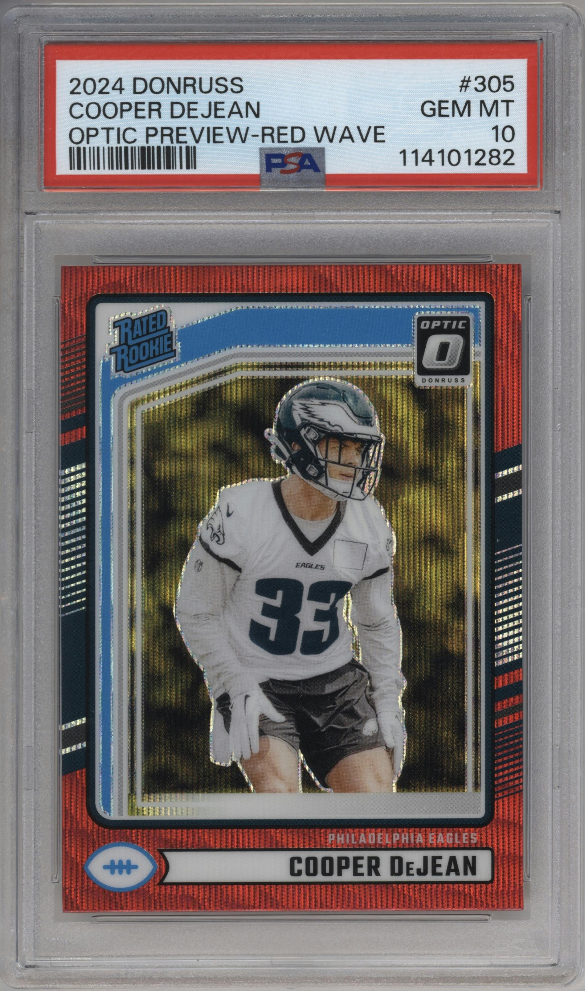 Cooper DeJean from the 2024 Donruss set featuring a Red Wave parallel graded by PSA and given an overall grade of 10.