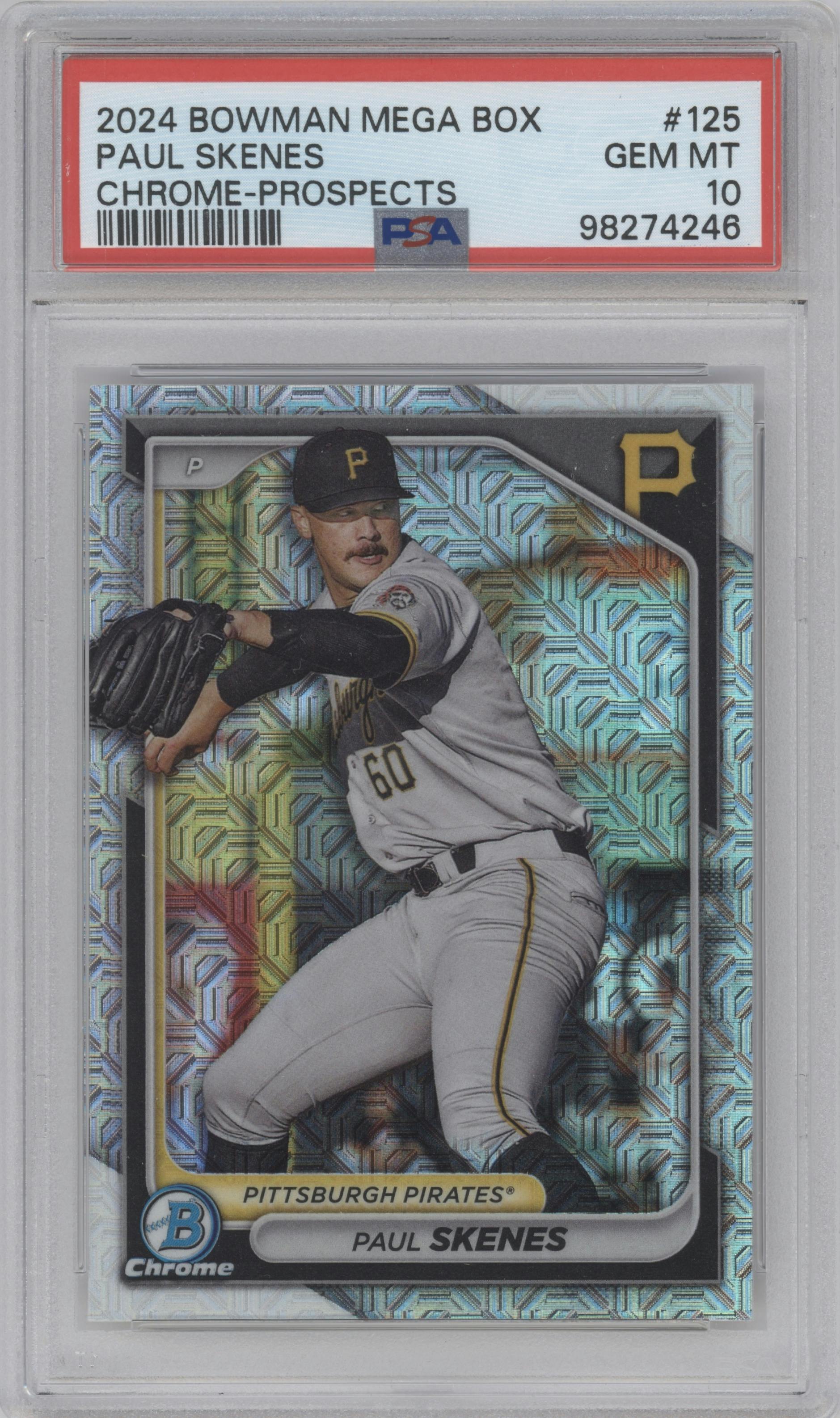 Paul Skenes from the 2024 Bowman Mega Box set graded by PSA and given an overall grade of 10.