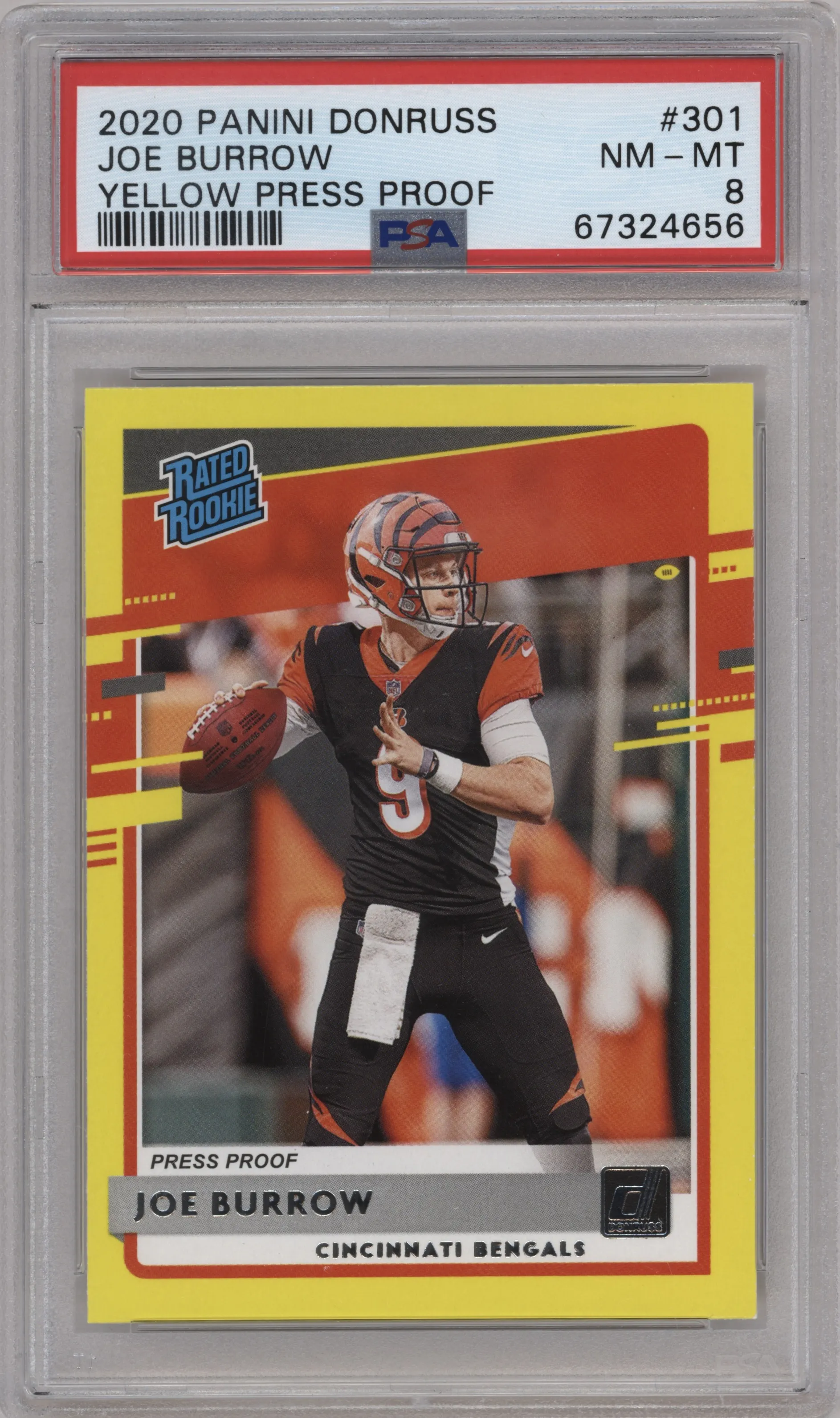 Joe Burrow from the 2020 Panini Donruss set featuring a Press Proof Yellow parallel graded by PSA and given an overall grade of 8.