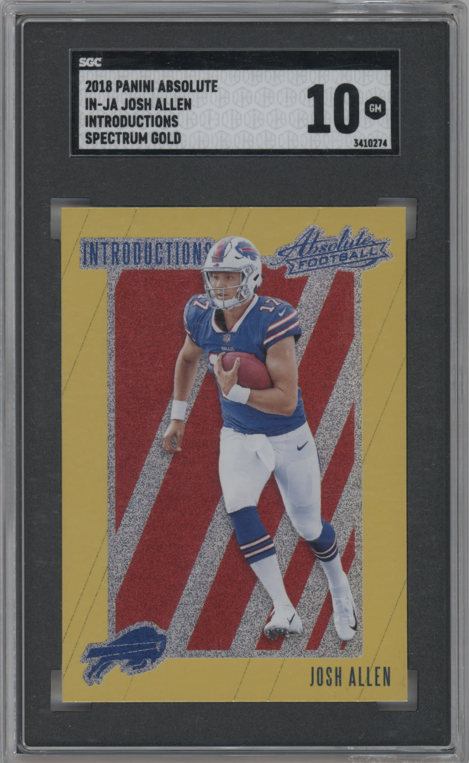 Josh Allen from the 2018 Panini Absolute set featuring a Spectrum Gold parallel graded by SGC and given an overall grade of 10.