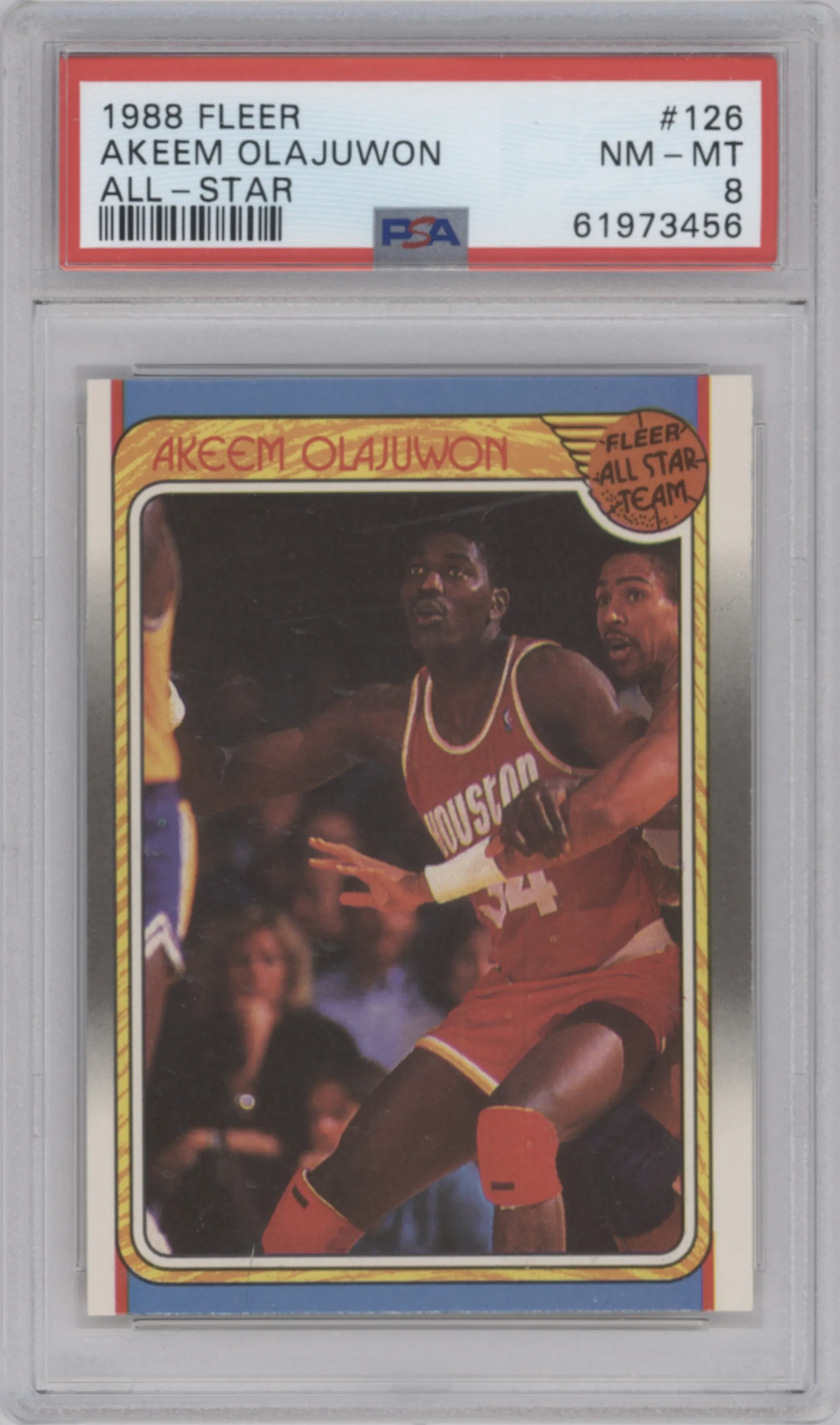 Akeem Olajuwon from the 1988-89 Fleer set graded by PSA and given an overall grade of 8.
