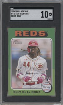 Elly De La Cruz from the 2024 Topps Heritage set featuring a Color Swap Variations parallel graded by SGC and given an overall grade of 10.