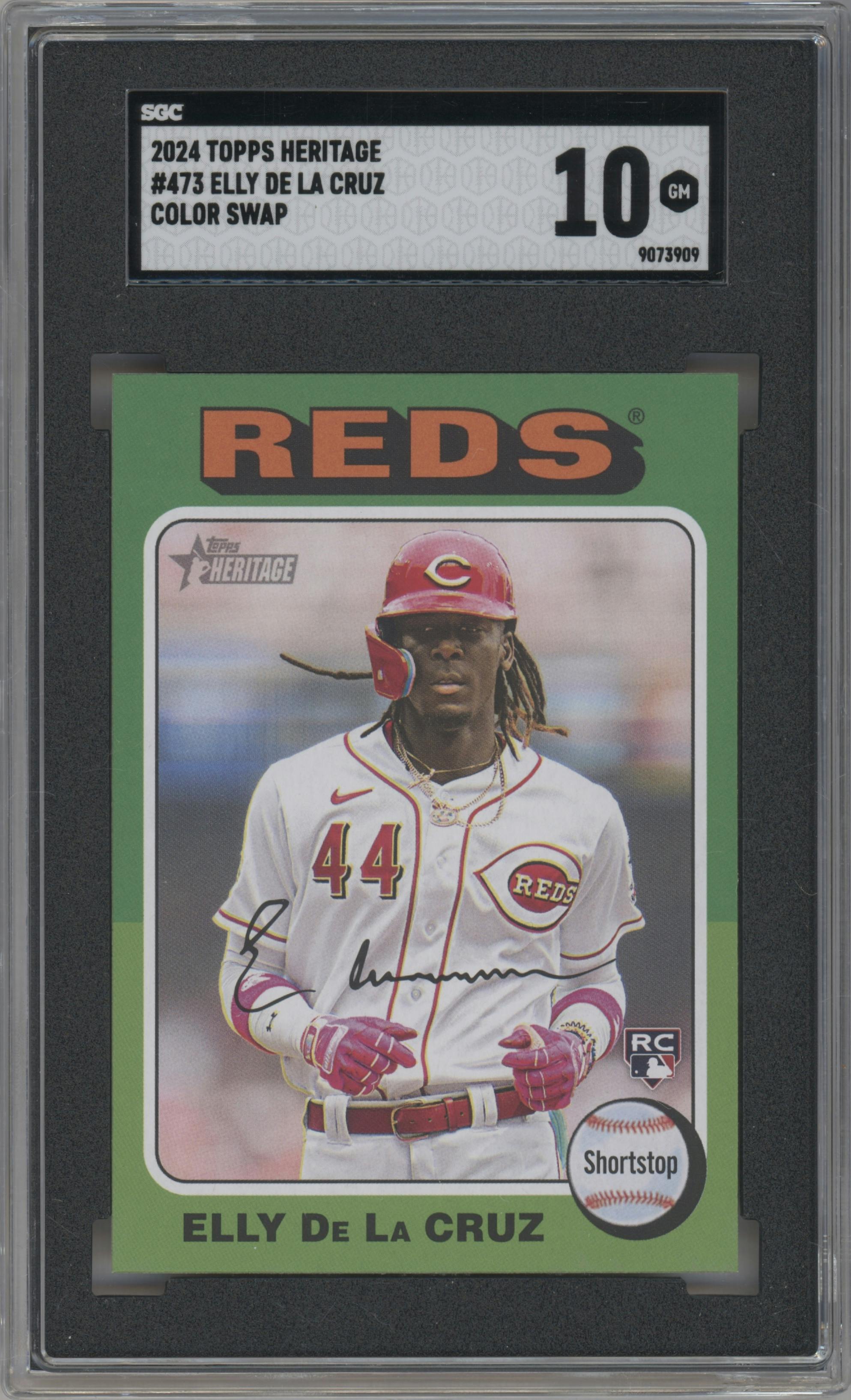 Elly De La Cruz from the 2024 Topps Heritage set featuring a Color Swap Variations parallel graded by SGC and given an overall grade of 10.