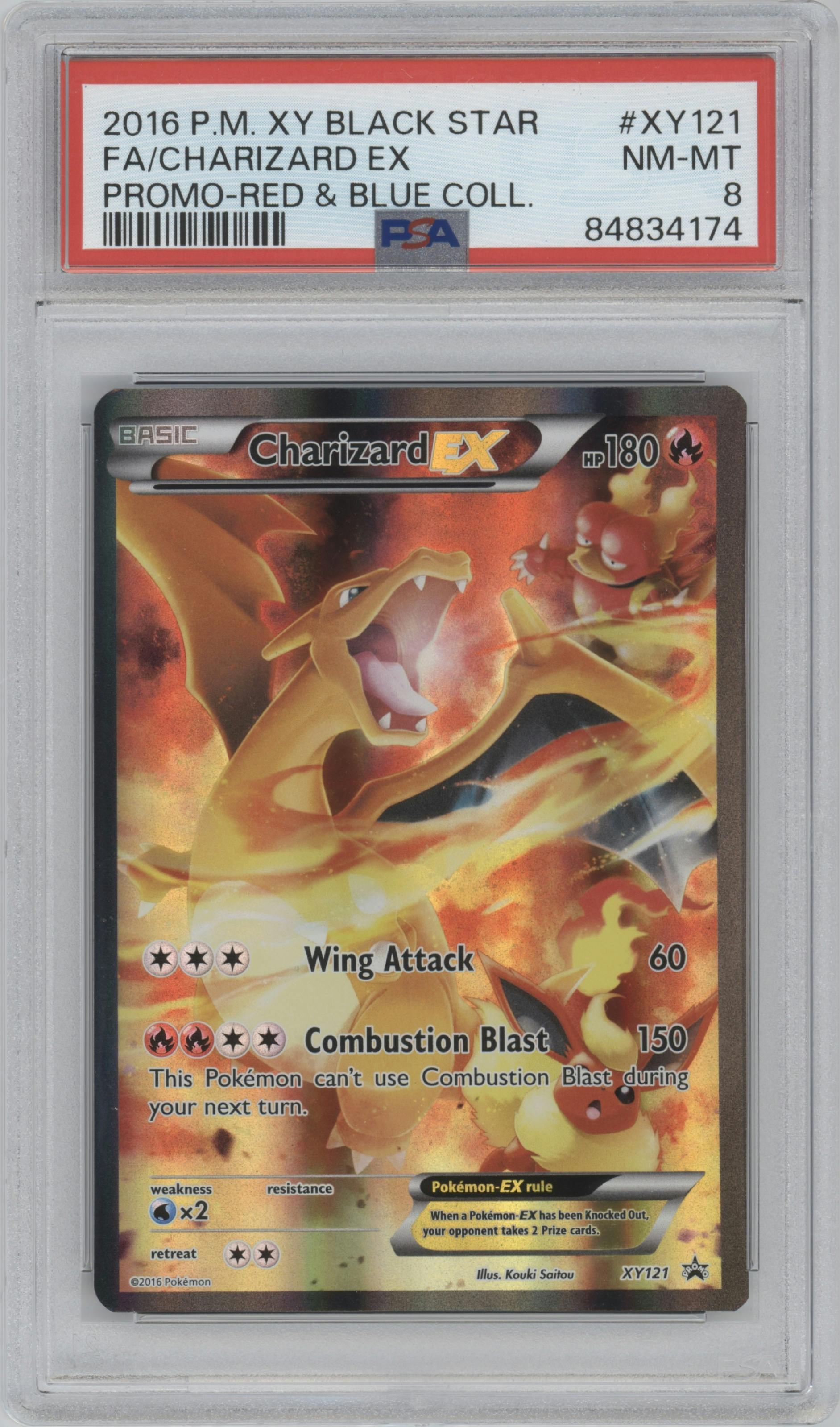 Charizard EX from the 2016 Pokemon XY set featuring a Blue Red Collection Box parallel graded by PSA and given an overall grade of 8.