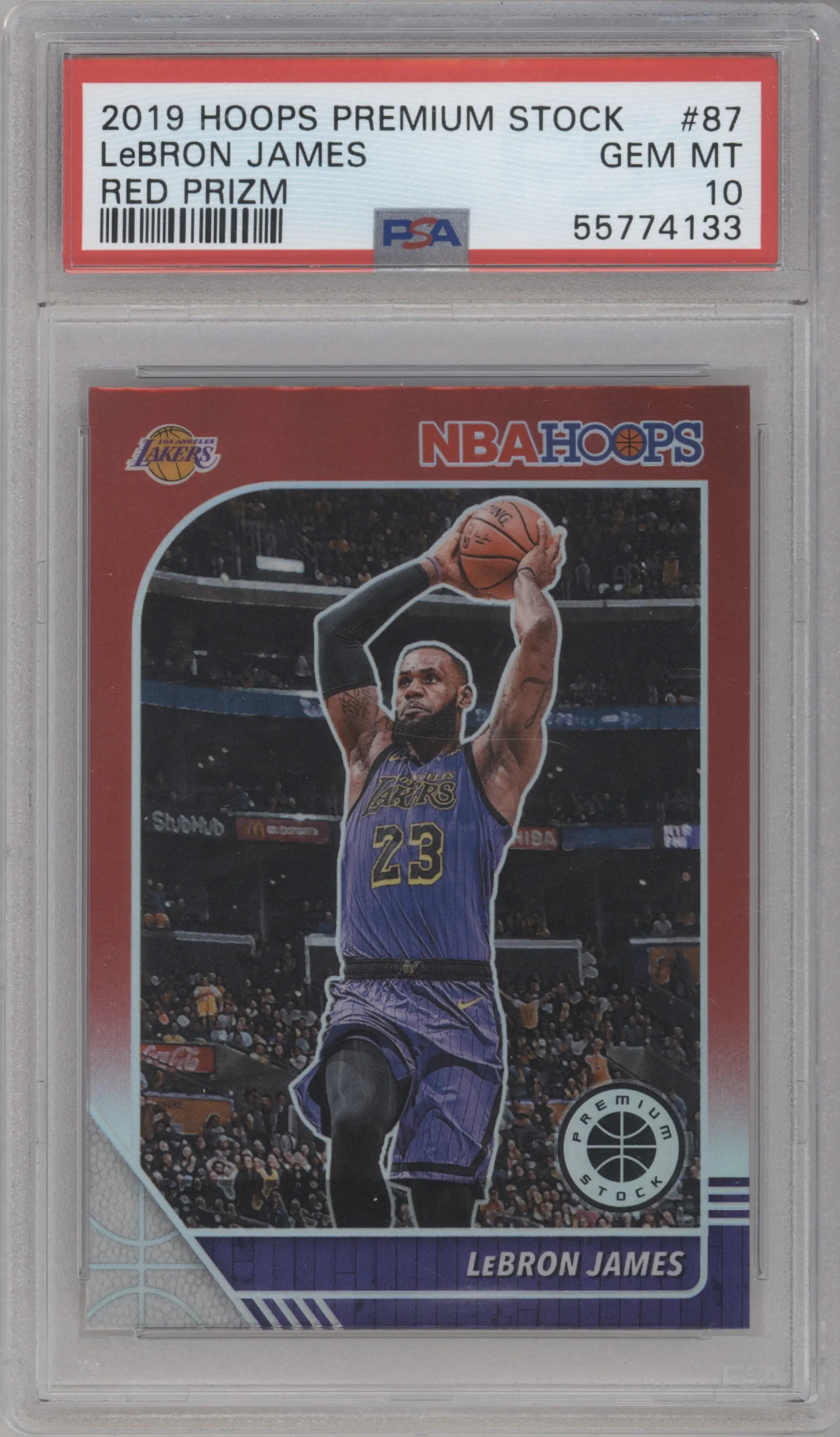 LeBron James from the 2019-20 Panini Hoops Premium Stock set featuring a Red parallel graded by PSA and given an overall grade of 10.