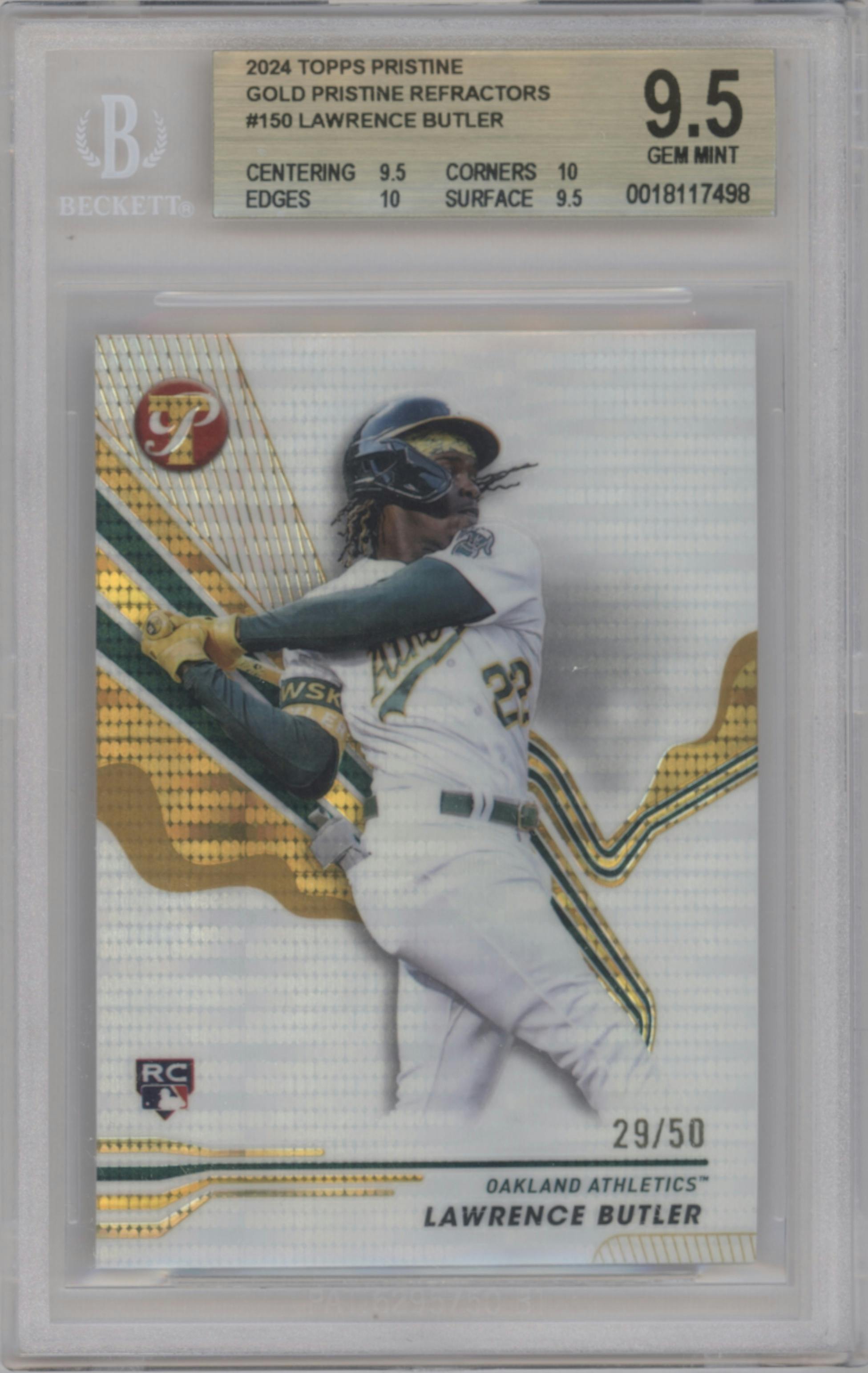 Lawrence Butler from the 2024 Topps Pristine set featuring a Gold Pristine Refractor parallel graded by Beckett and given an overall grade of 9.5.