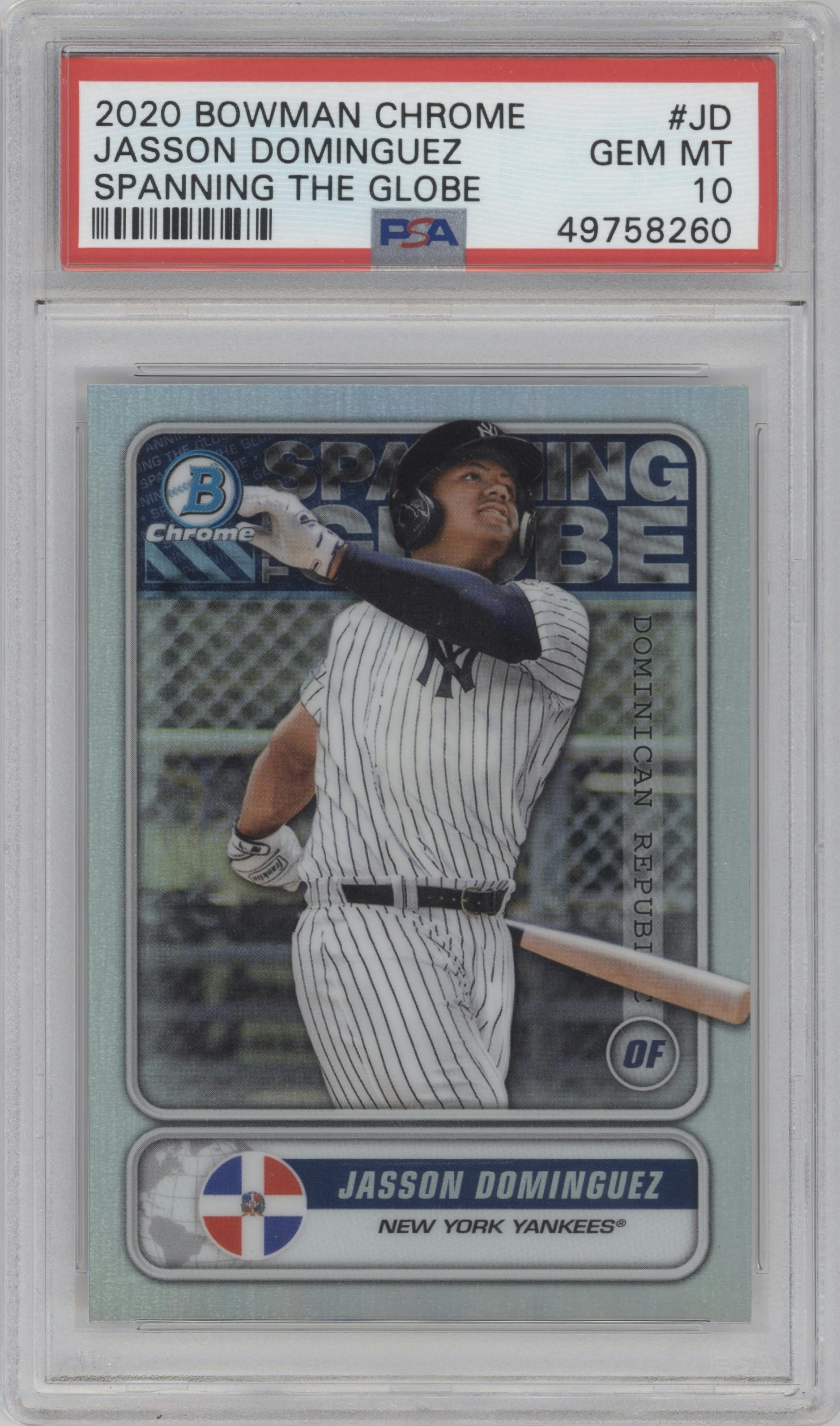 Jasson Dominguez from the 2020 Bowman set graded by PSA and given an overall grade of 10.