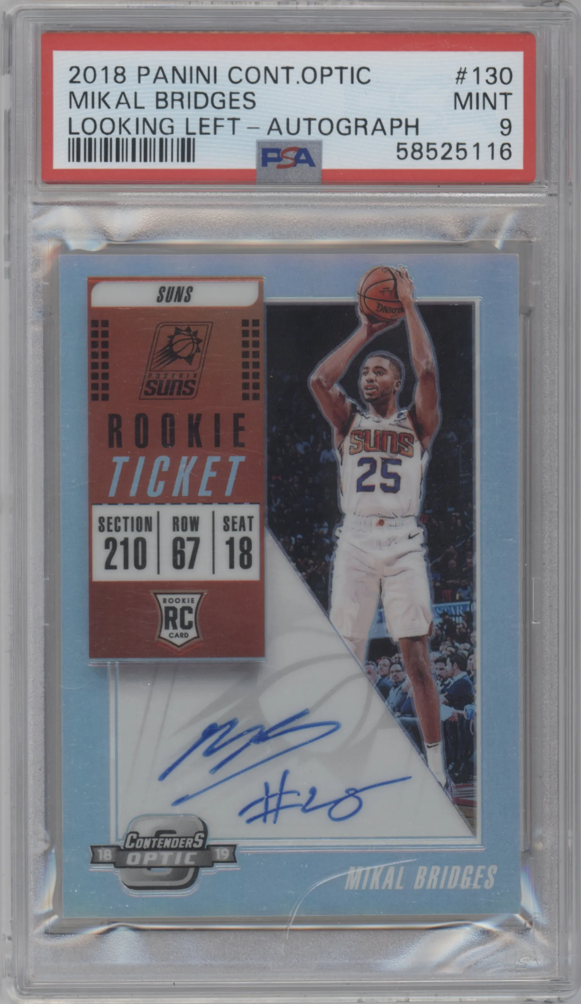 Mikal Bridges from the 2018-19 Panini Contenders Optic set graded by PSA and given an overall grade of 9.