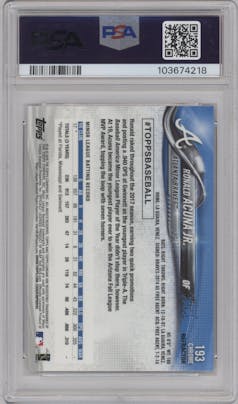 Ronald Acuna Jr. from the 2018 Topps Chrome set featuring a Sepia Refractor parallel graded by PSA and given an overall grade of 10.