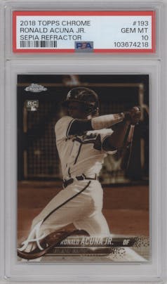 Ronald Acuna Jr. from the 2018 Topps Chrome set featuring a Sepia Refractor parallel graded by PSA and given an overall grade of 10.