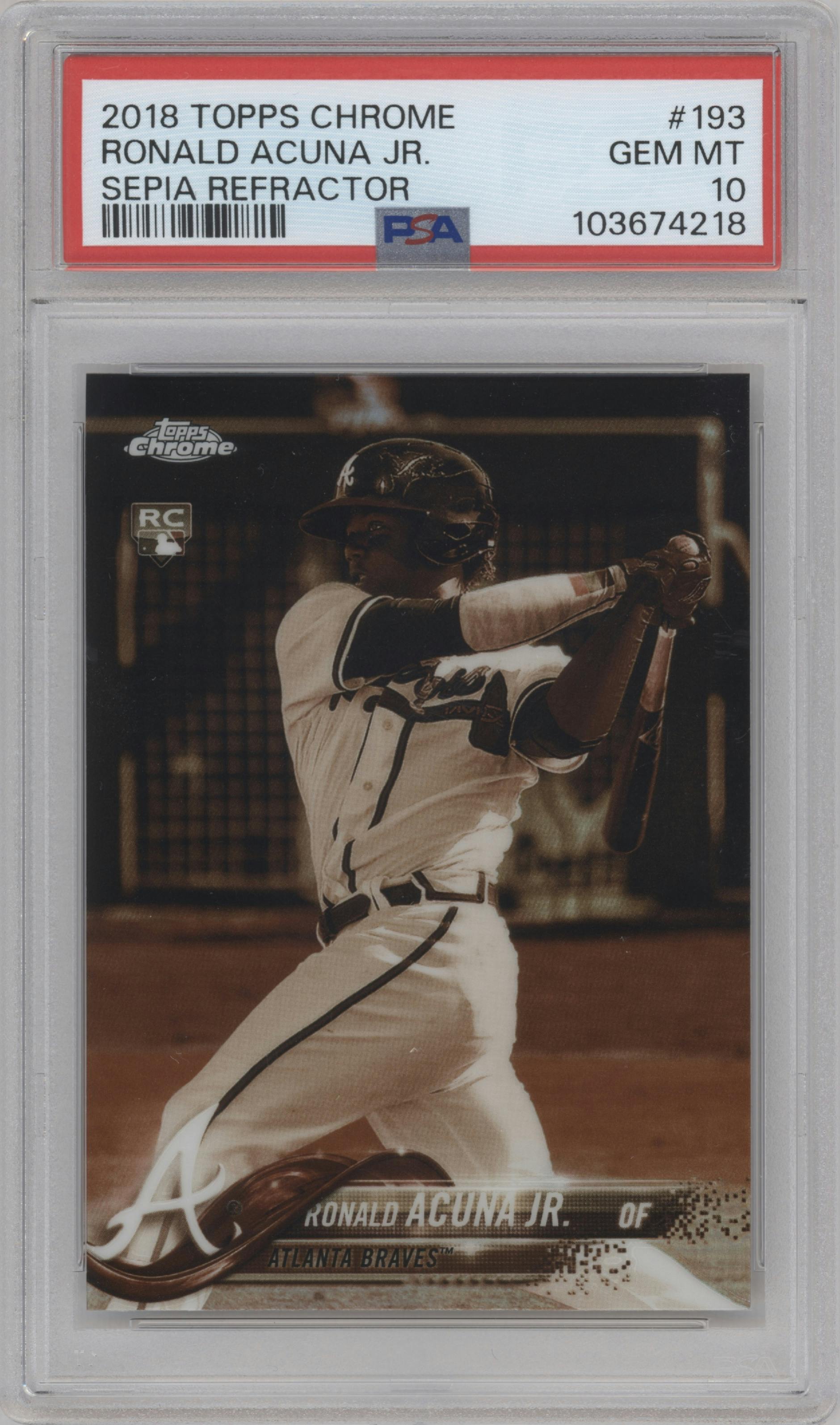 Ronald Acuna Jr. from the 2018 Topps Chrome set featuring a Sepia Refractor parallel graded by PSA and given an overall grade of 10.