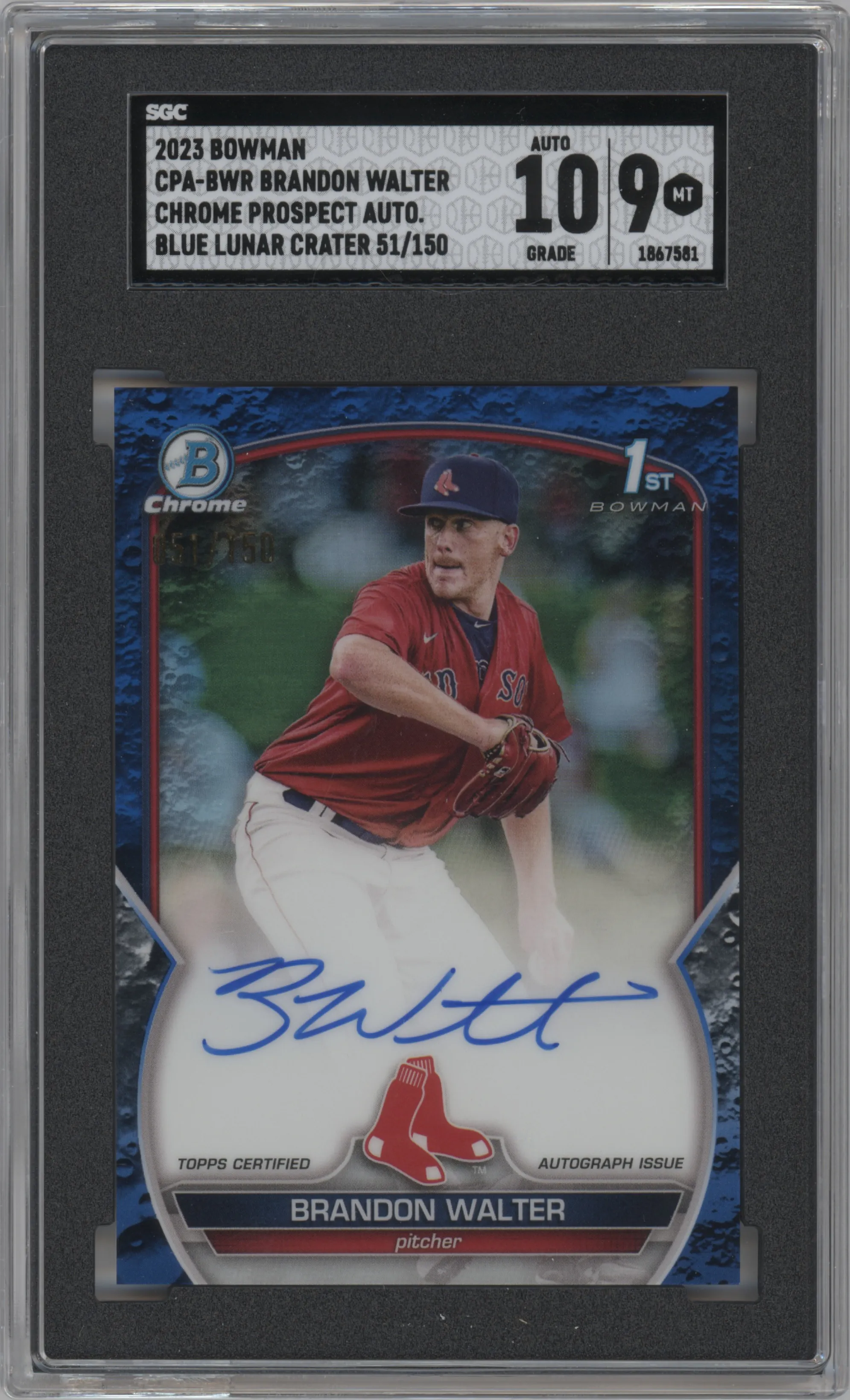 Brandon Walter from the 2023 Bowman  set featuring a Blue Lunar Crater Refractor parallel graded by SGC and given an overall grade of 9.