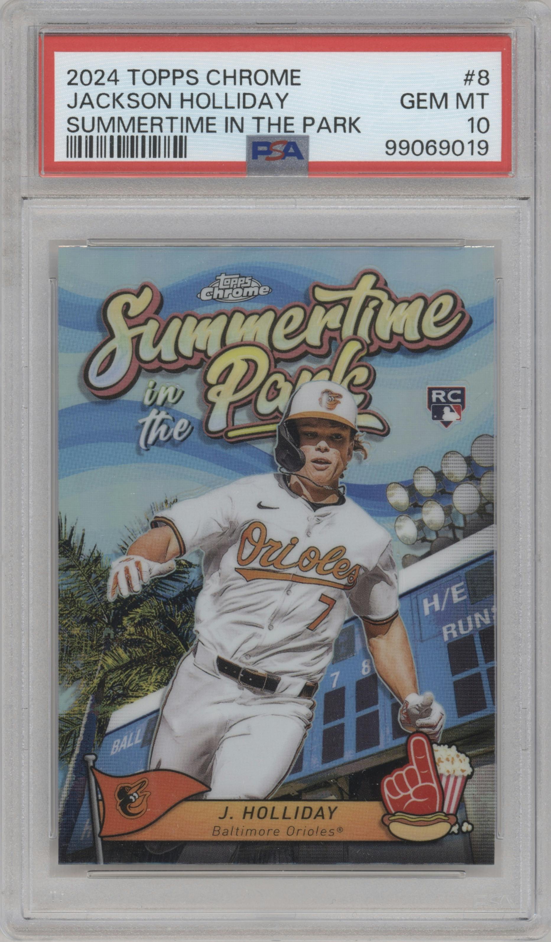Jackson Holliday from the 2024 Topps Chrome set graded by PSA and given an overall grade of 10.