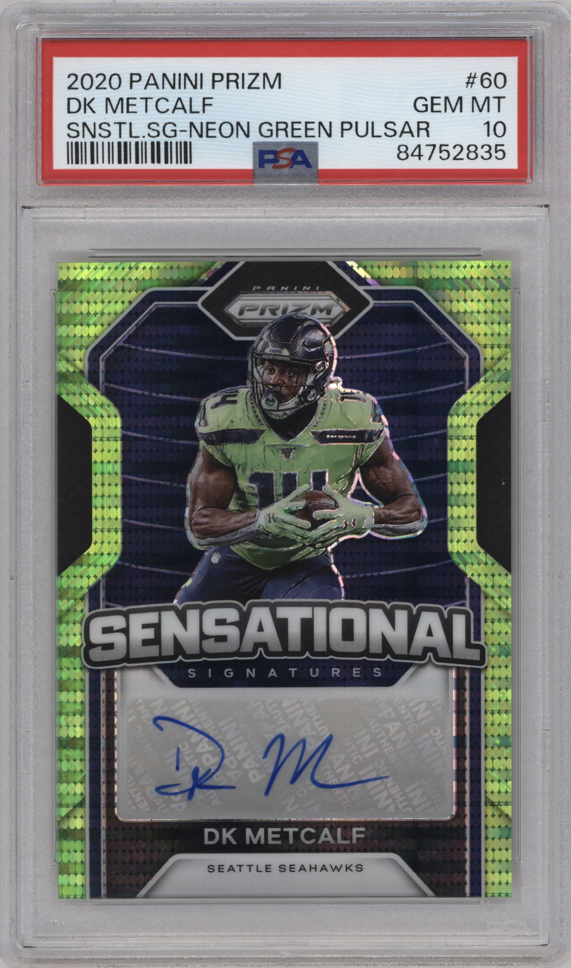 DK Metcalf from the 2020 Panini Prizm set featuring a Neon Green Pulsar parallel graded by PSA and given an overall grade of 10.