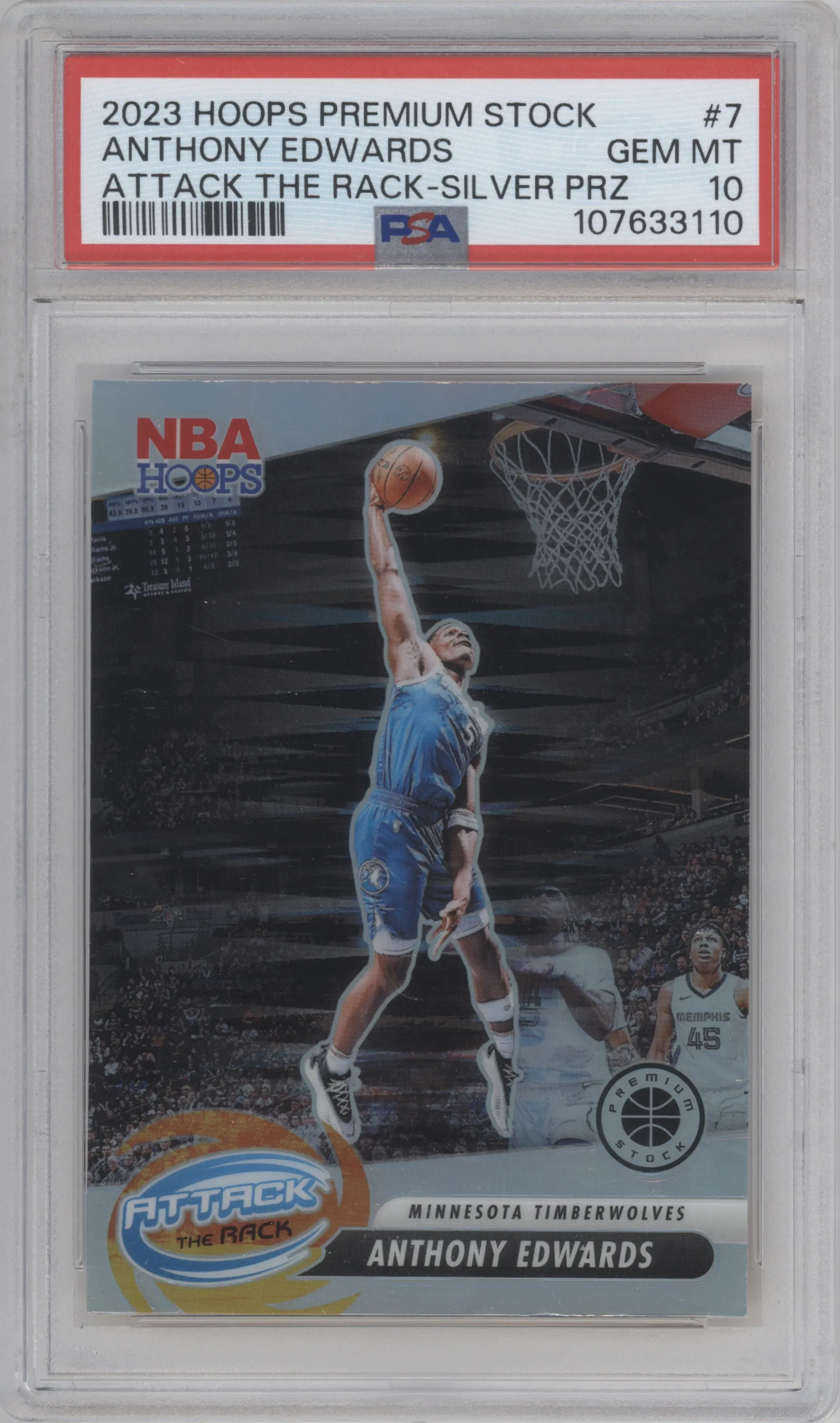 Anthony Edwards from the 2023-24 Panini Hoops Premium Stock set featuring a Silver parallel graded by PSA and given an overall grade of 10.