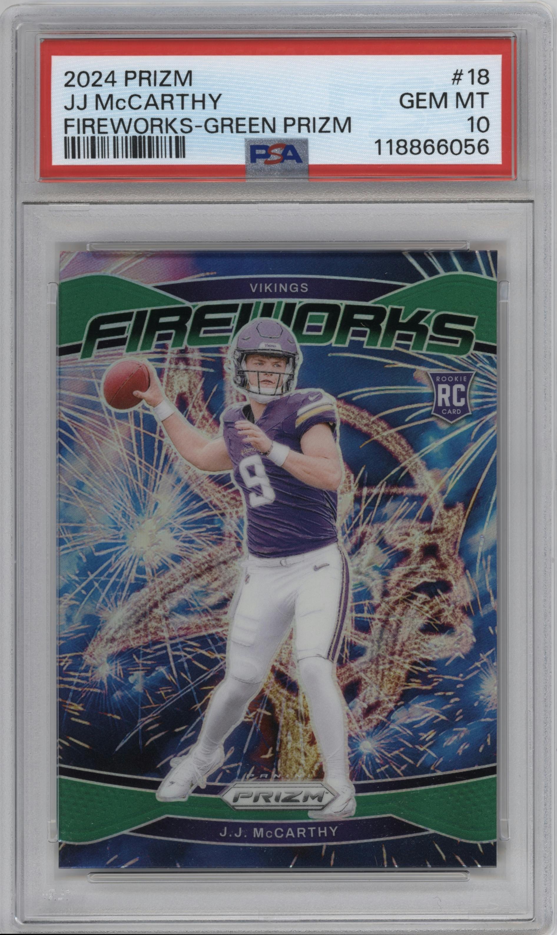 J.J. McCarthy from the 2024 Panini Prizm set featuring a Green Prizm parallel graded by PSA and given an overall grade of 10.