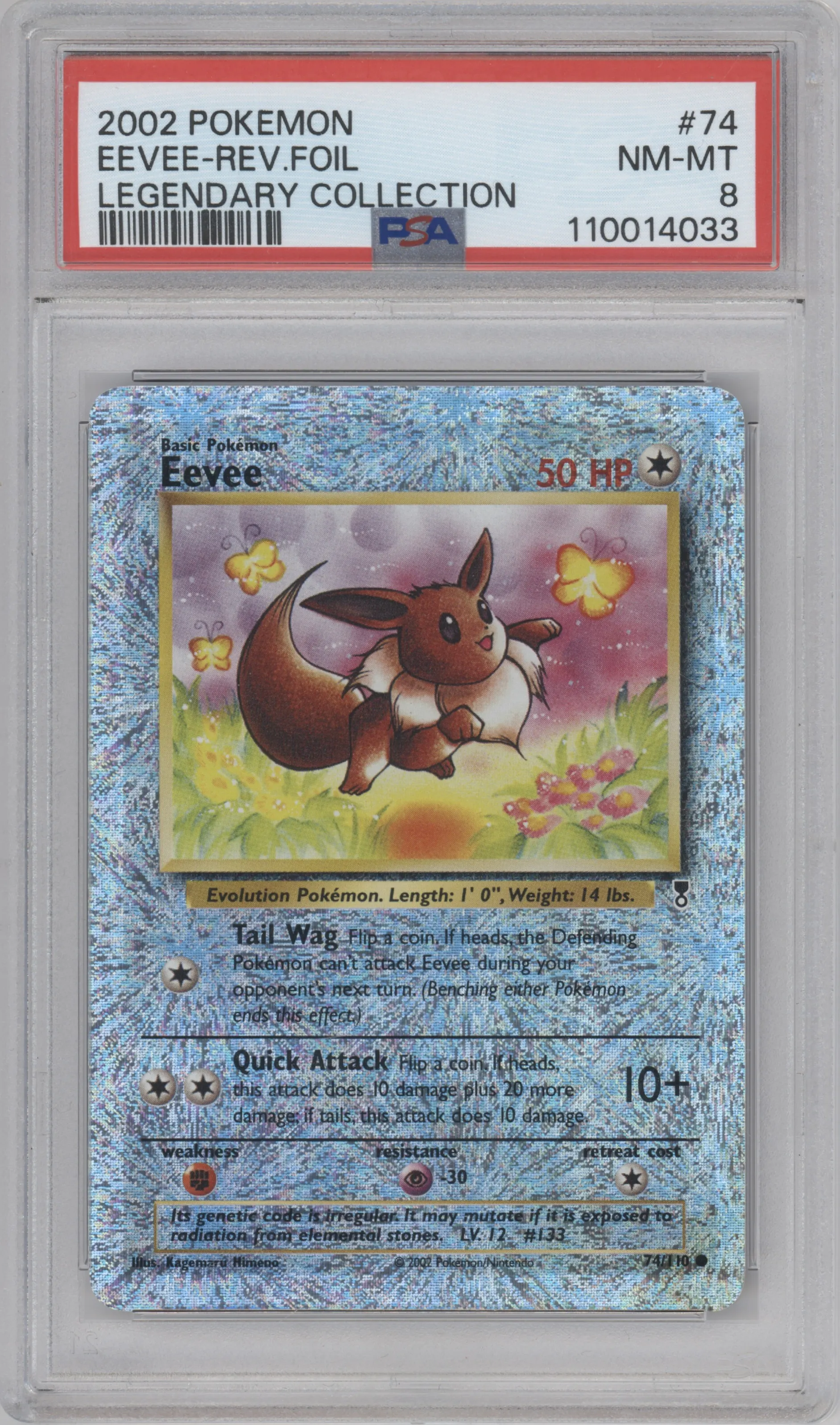 Eevee from the 2002 Pokemon  set graded by PSA and given an overall grade of 8.