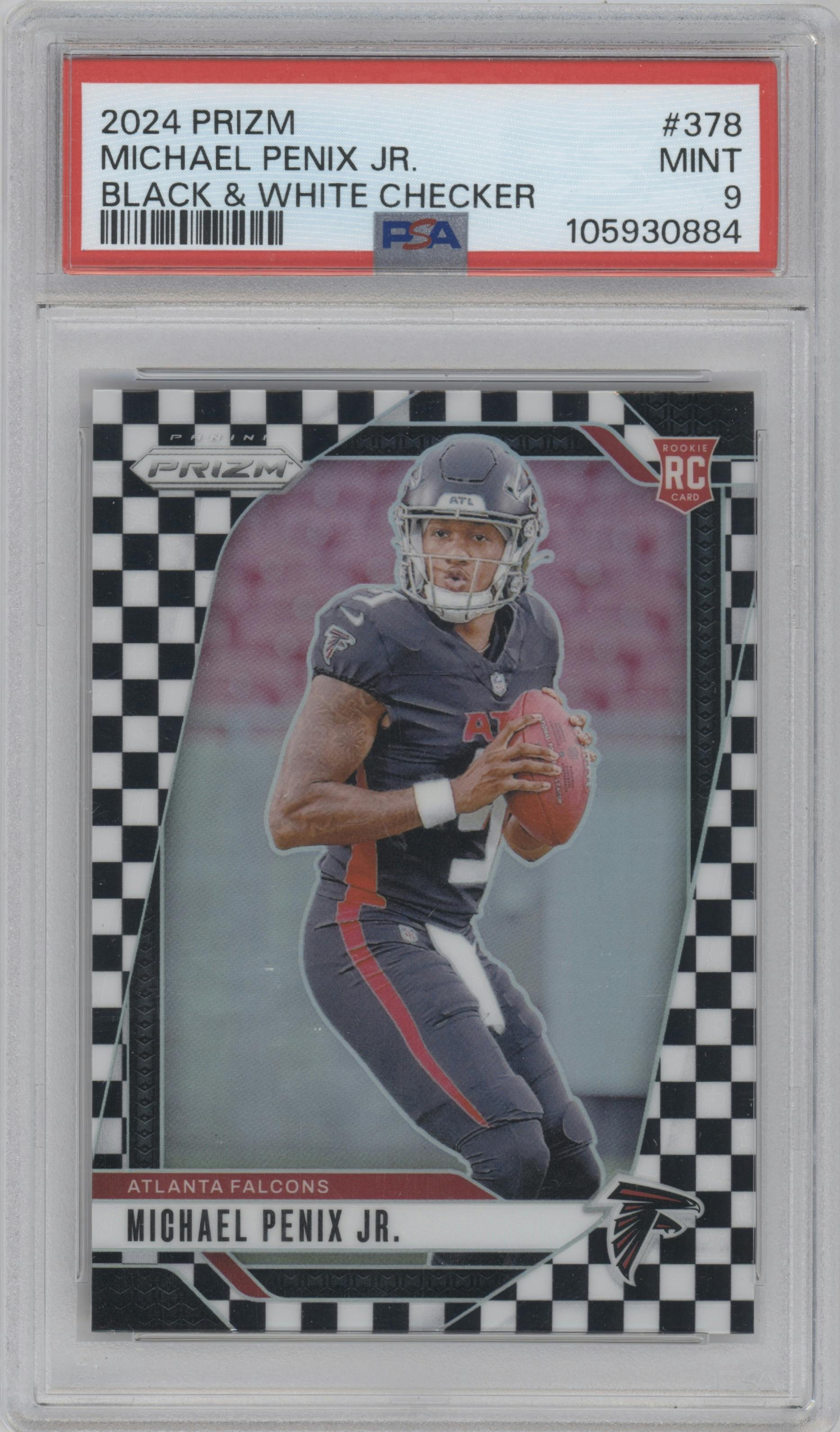 Michael Penix Jr. from the 2024 Panini Prizm set featuring a Black & White Checker parallel graded by PSA and given an overall grade of 9.