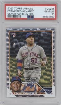 Francisco Alvarez from the 2023 Topps Update set featuring a Silver Pattern Foilboard parallel graded by PSA and given an overall grade of 10.