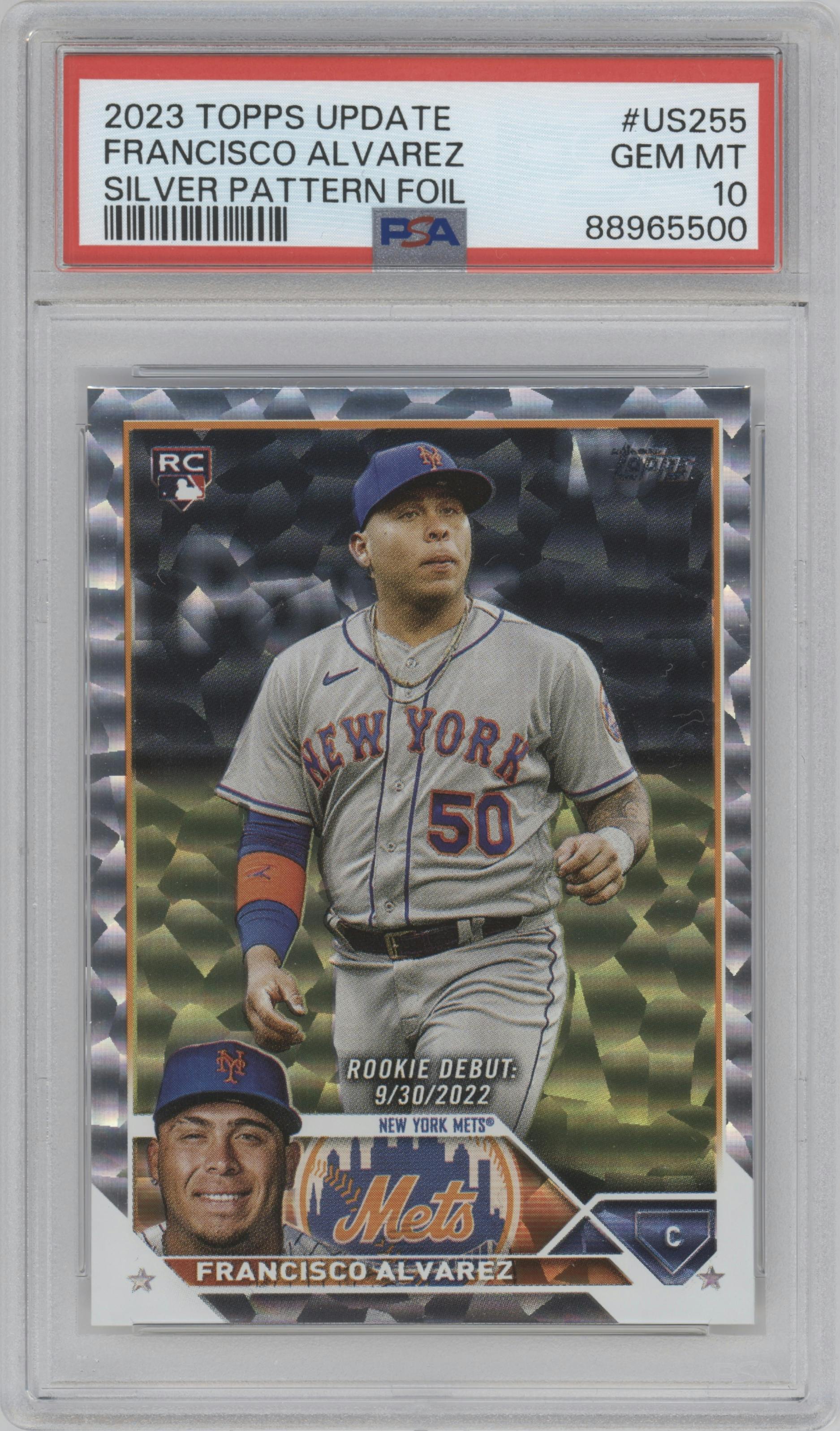 Francisco Alvarez from the 2023 Topps Update set featuring a Silver Pattern Foilboard parallel graded by PSA and given an overall grade of 10.