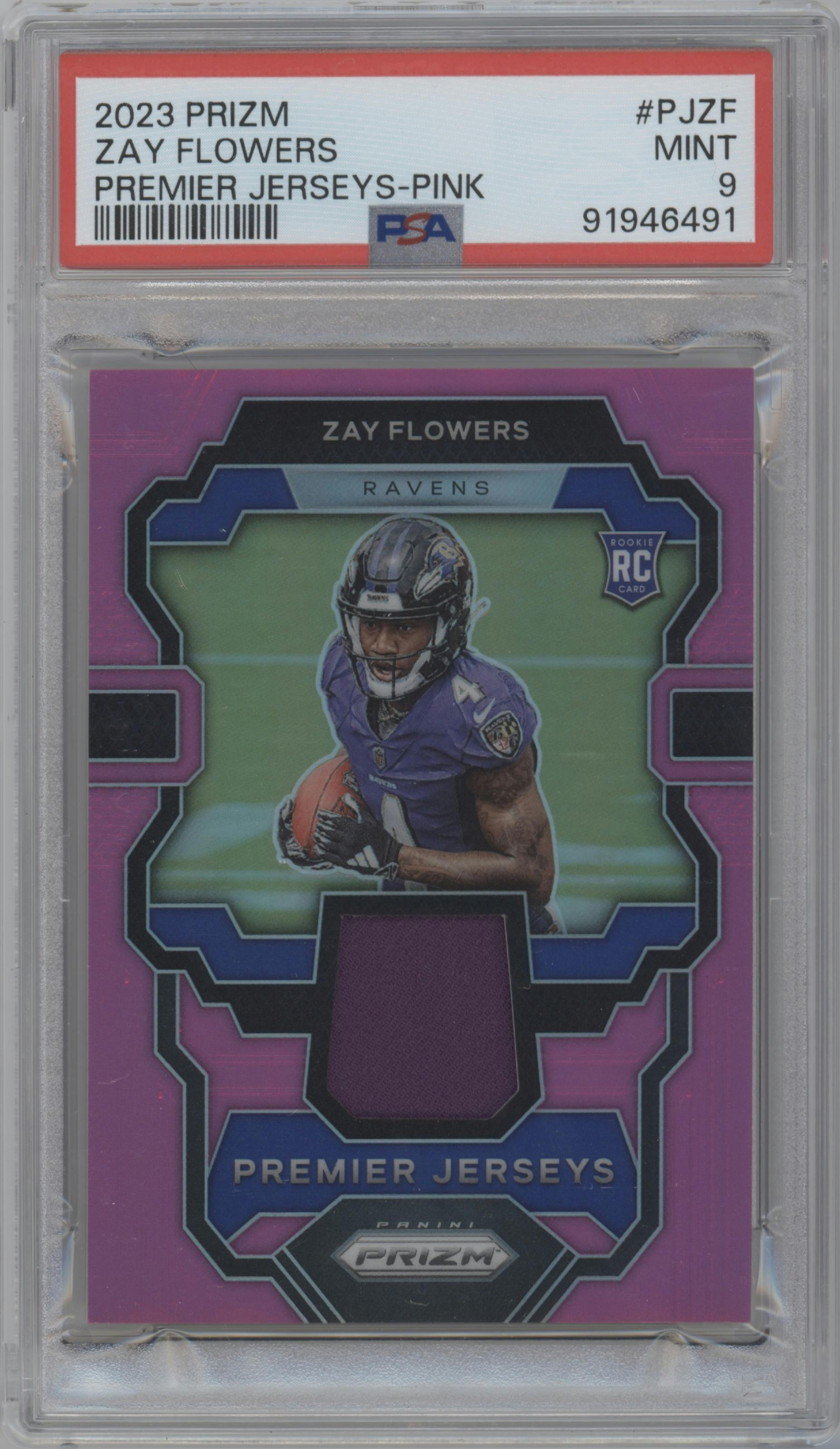 Zay Flowers from the 2023 Panini Prizm set featuring a Pink parallel graded by PSA and given an overall grade of 9.