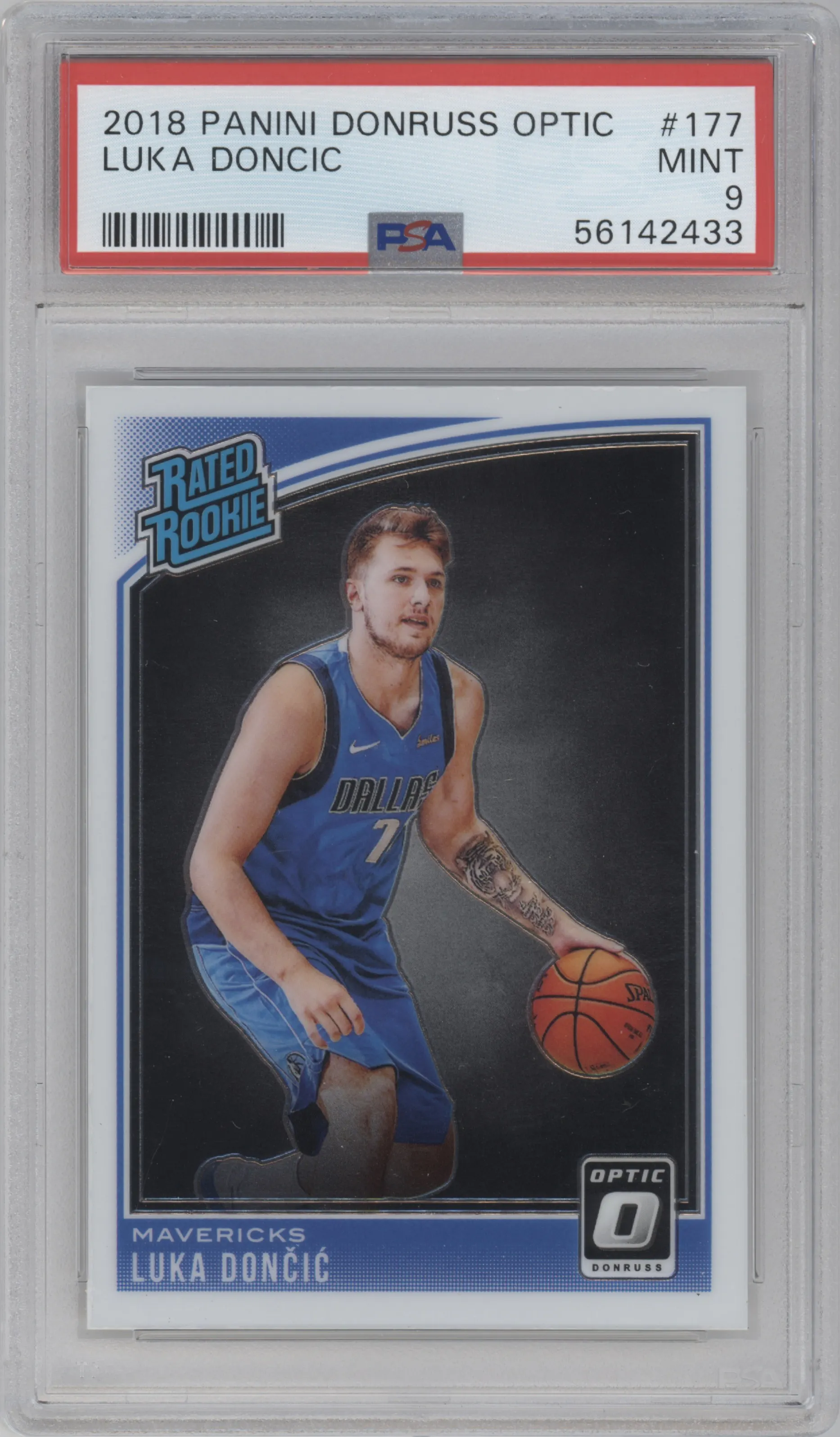 Luka Doncic from the 2018-19 Panini Donruss Optic set graded by PSA and given an overall grade of 9.