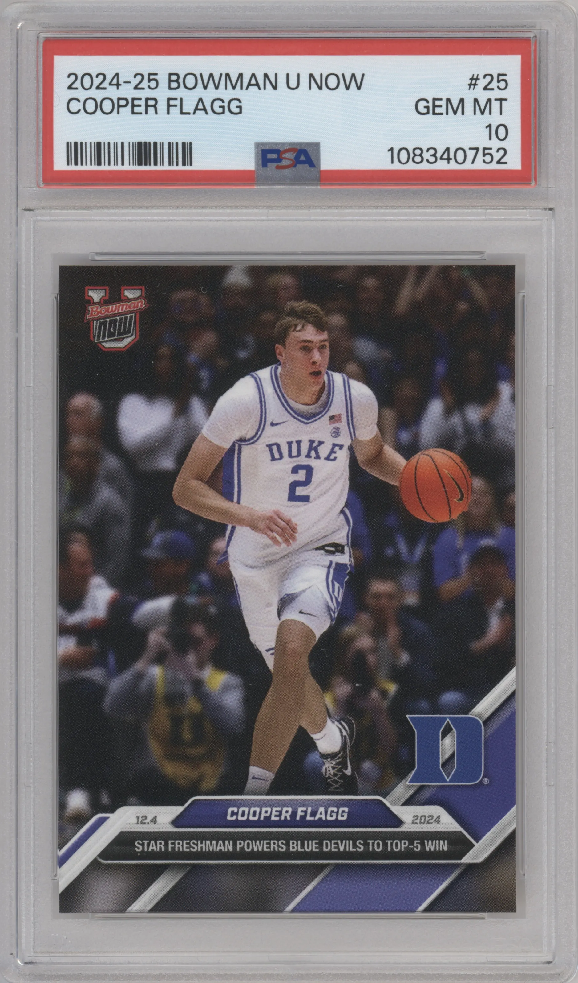 Cooper Flagg from the 2024-25 Bowman U Now set graded by PSA and given an overall grade of 10.