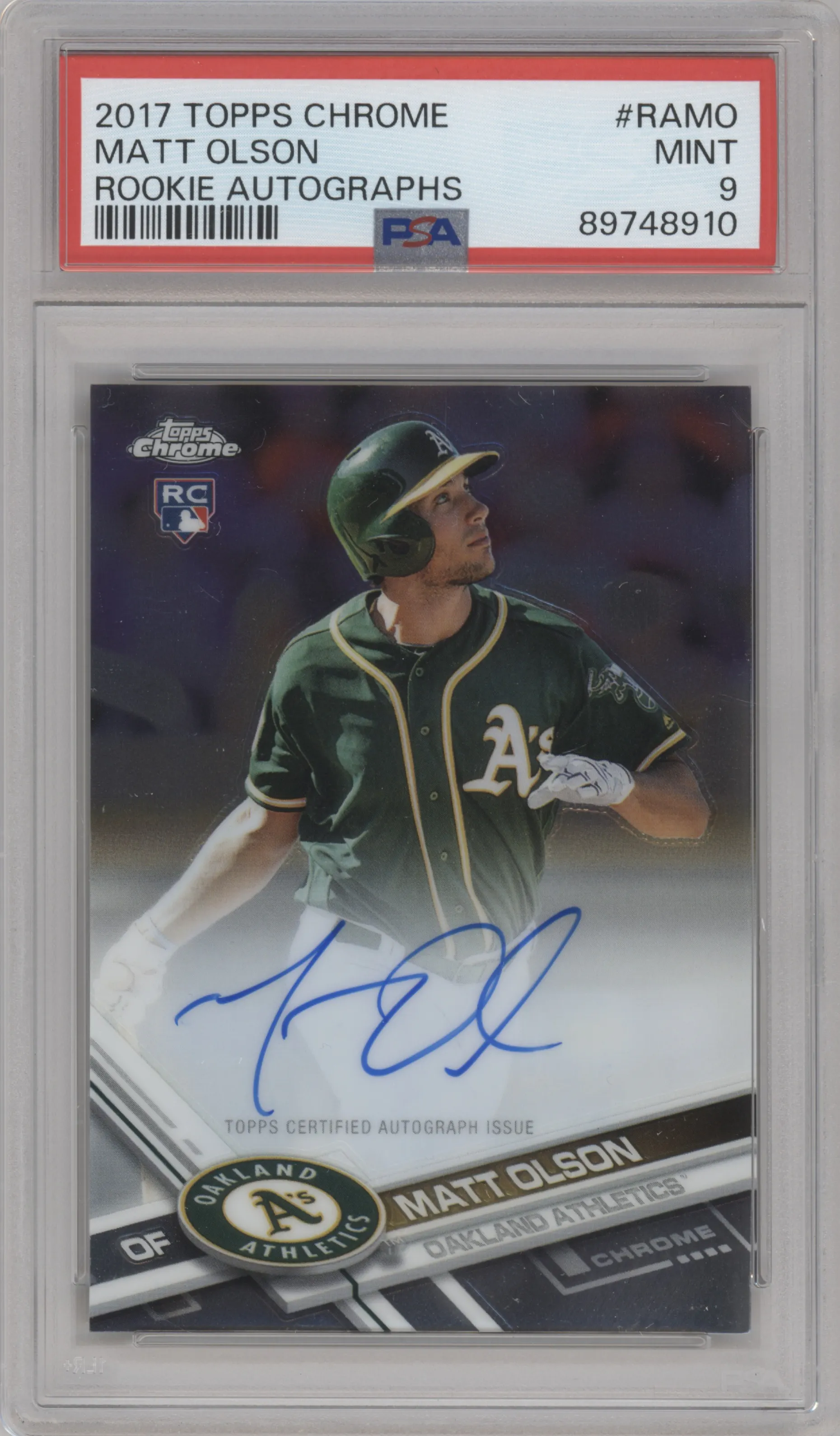 Matt Olson from the 2017 Topps Chrome set graded by PSA and given an overall grade of 9.
