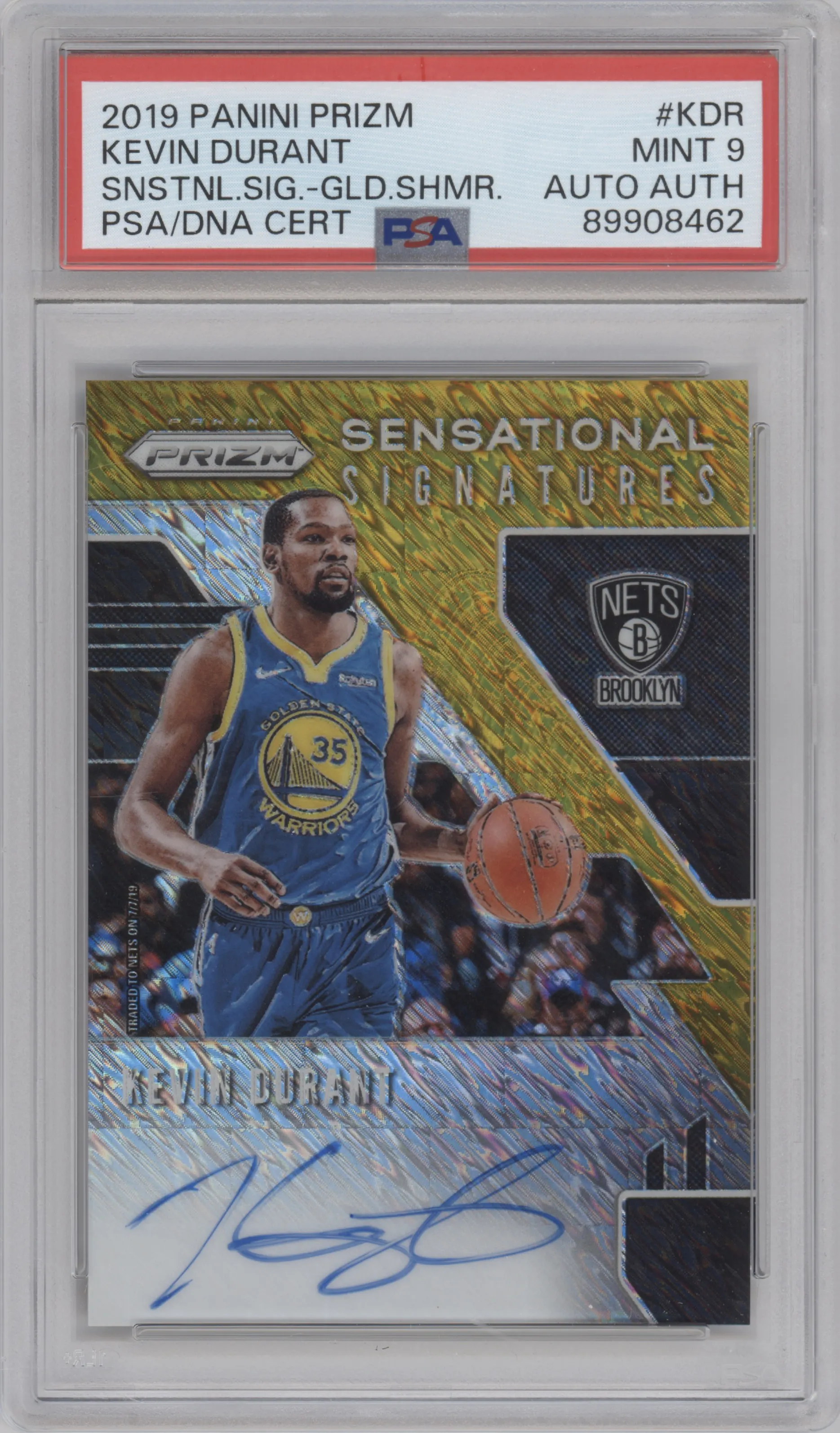 Kevin Durant from the 2019-20 Panini Prizm set featuring a Gold Shimmer parallel graded by PSA and given an overall grade of 9.