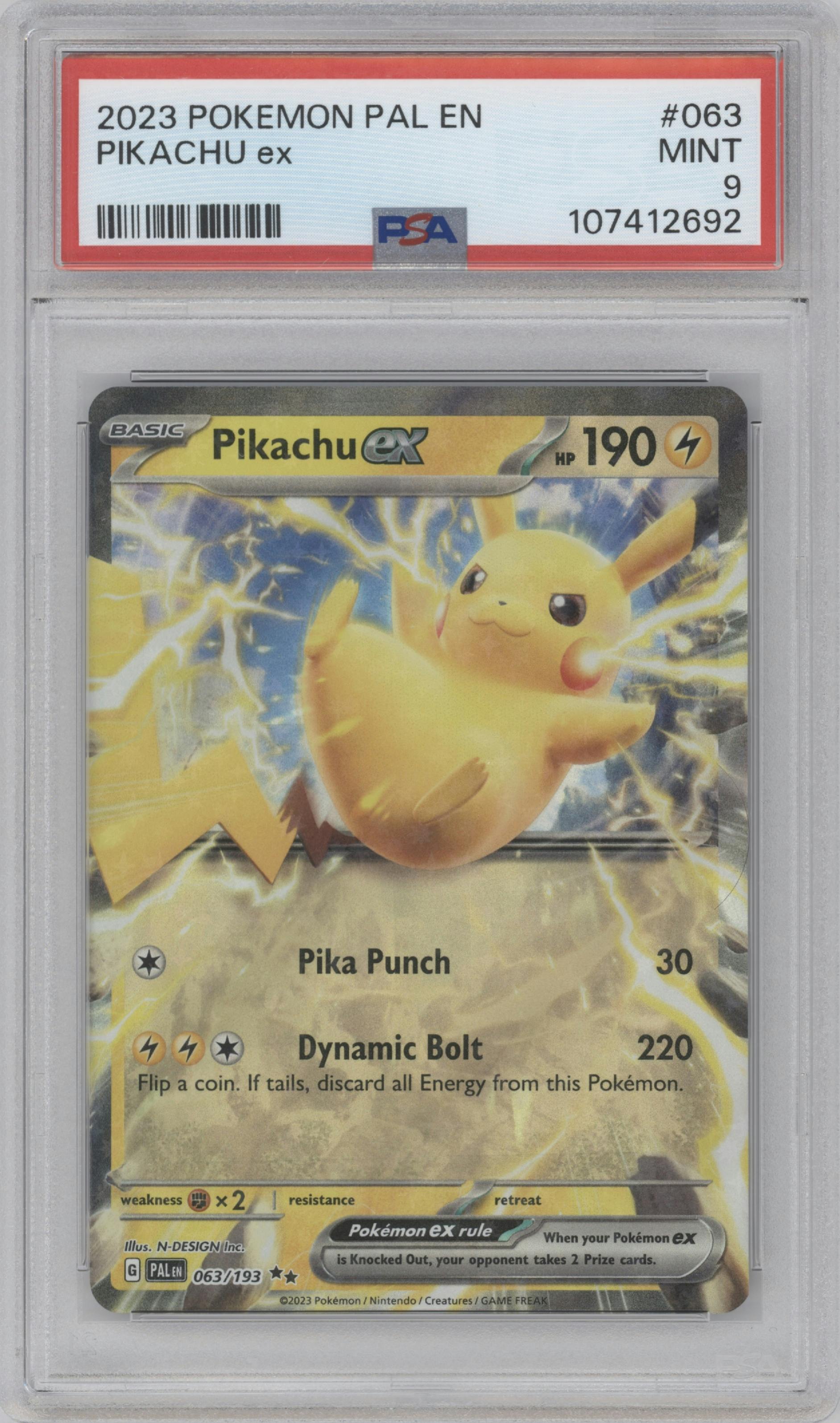 Pikachu ex from the 2023 Pokemon SV set graded by PSA and given an overall grade of 9.