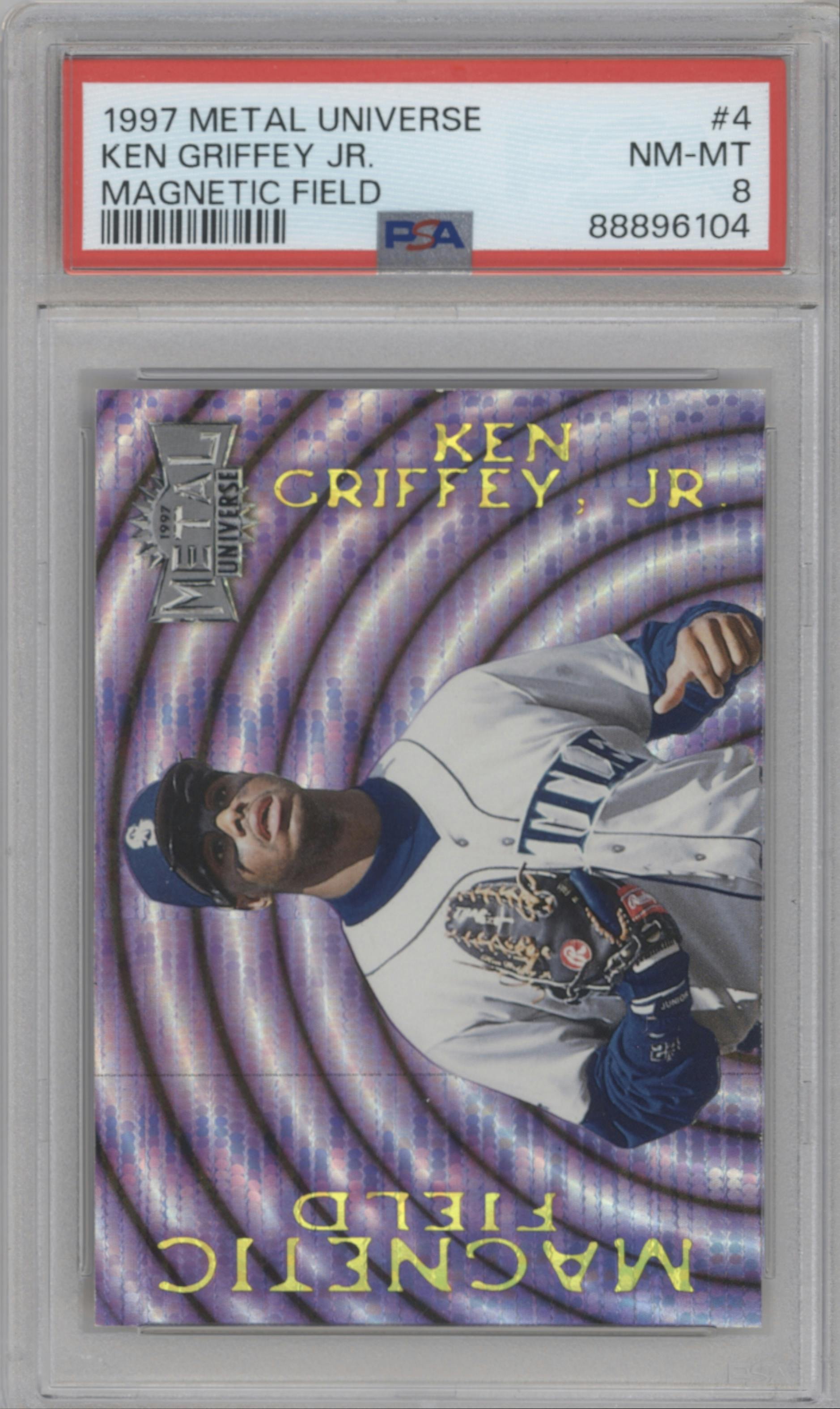 Ken Griffey Jr. from the 1997 Fleer Metal Universe set graded by PSA and given an overall grade of 8.