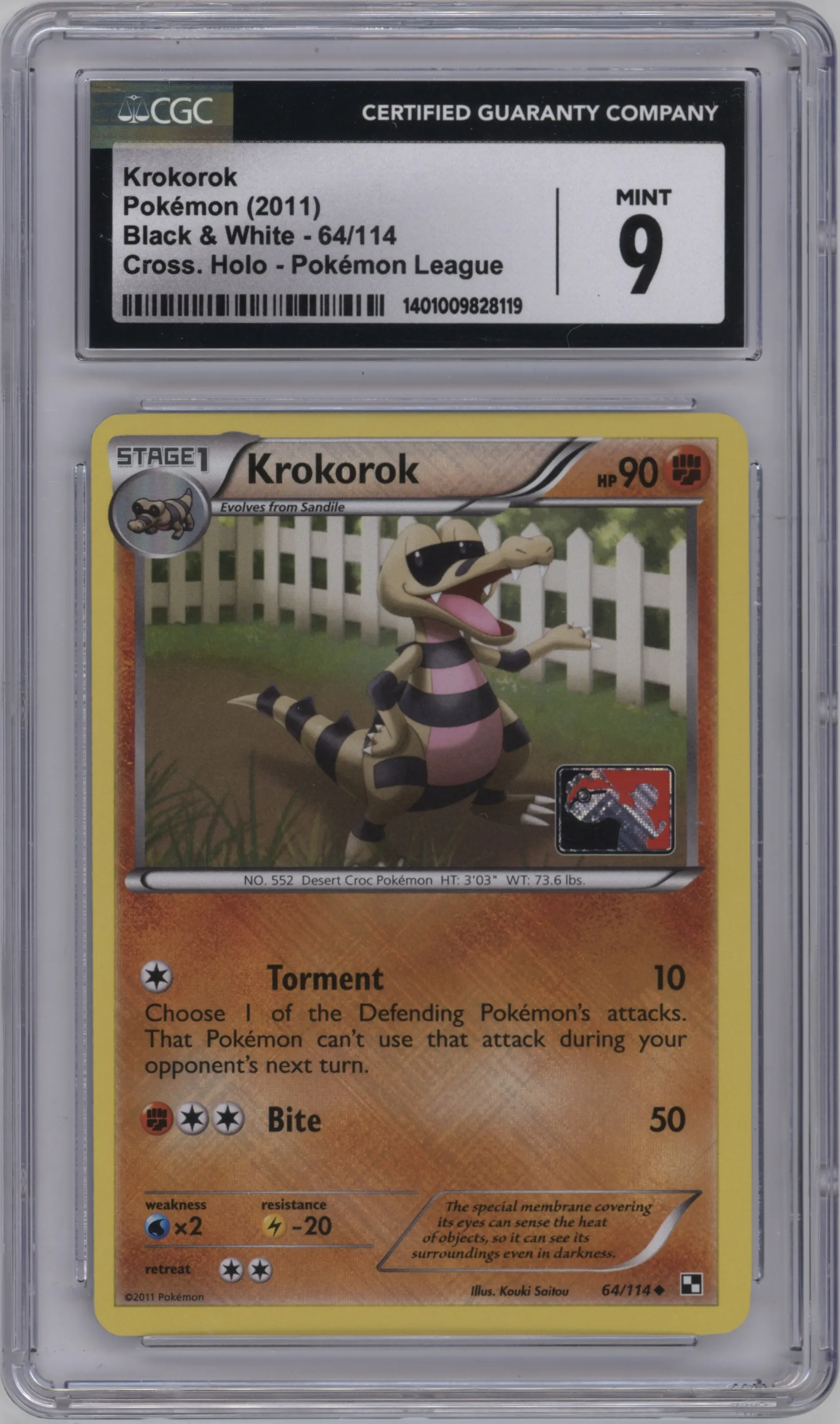 Krokorok from the 2011 Pokemon Black & White set featuring a Crosshatch Pokemon League  parallel graded by CSG and given an overall grade of 9.