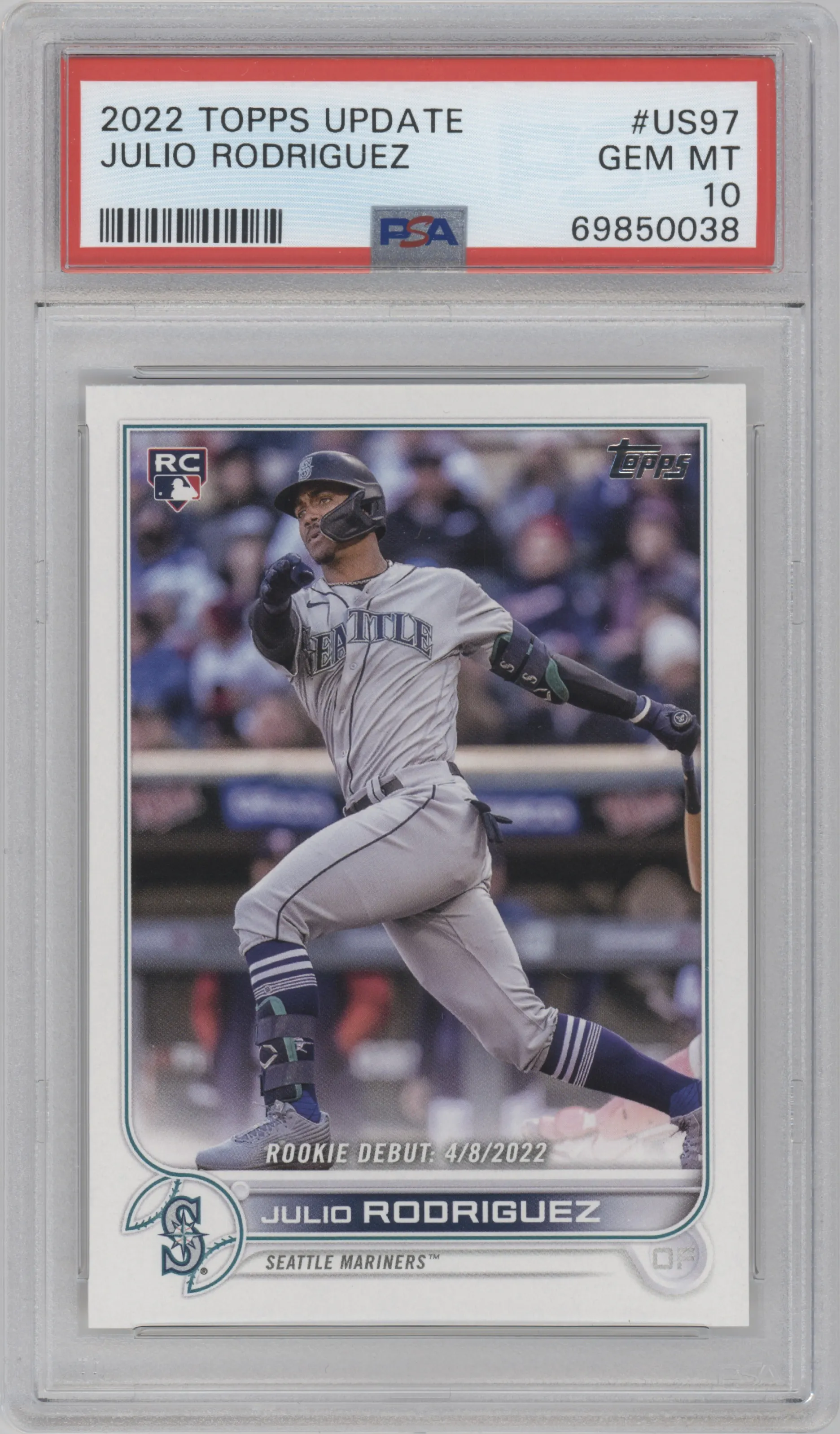 Julio Rodriguez from the 2022 Topps Update  set graded by PSA and given an overall grade of 10.