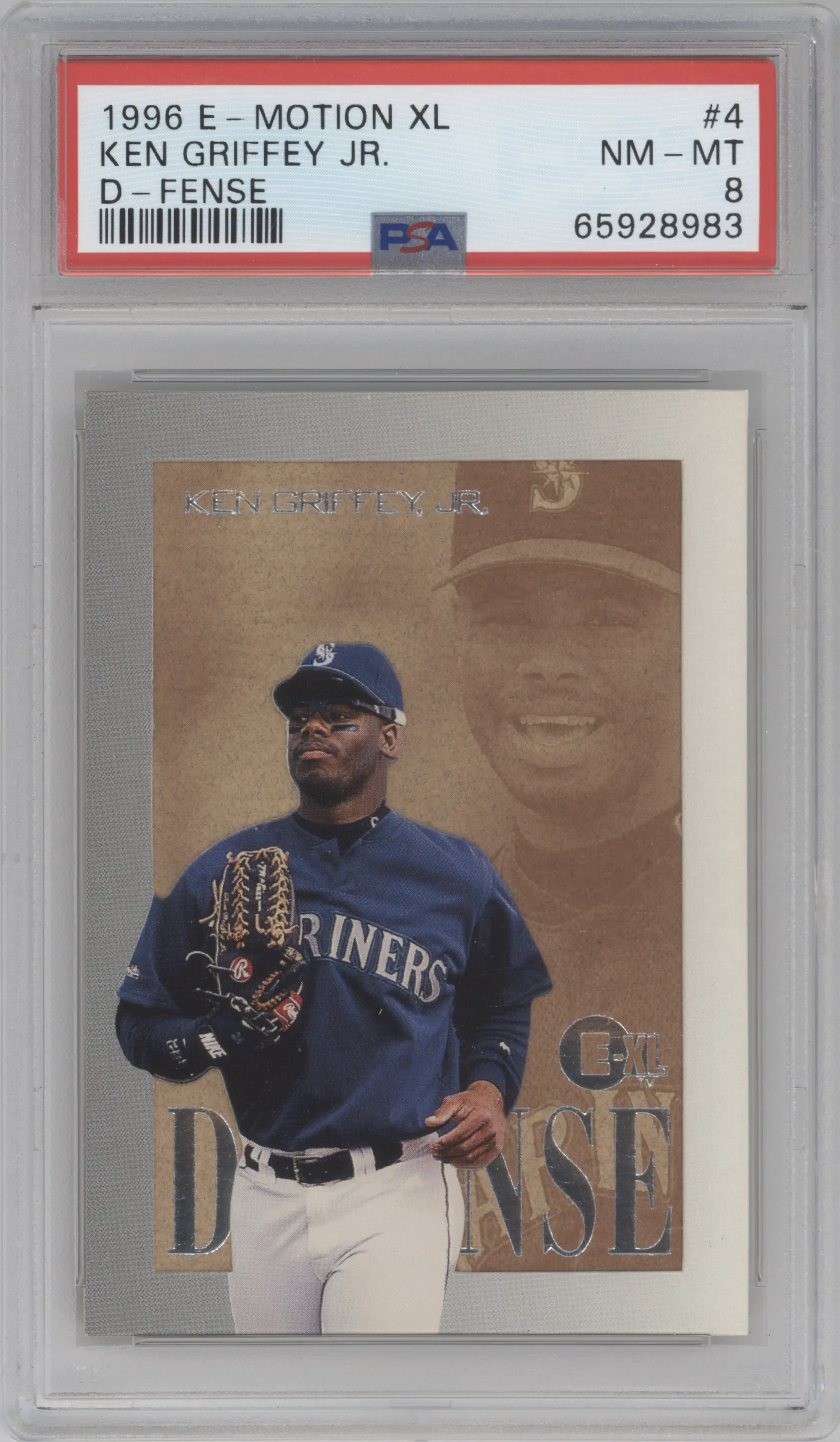 Ken Griffey Jr. from the 1996 E-Motion XL set graded by PSA and given an overall grade of 8.