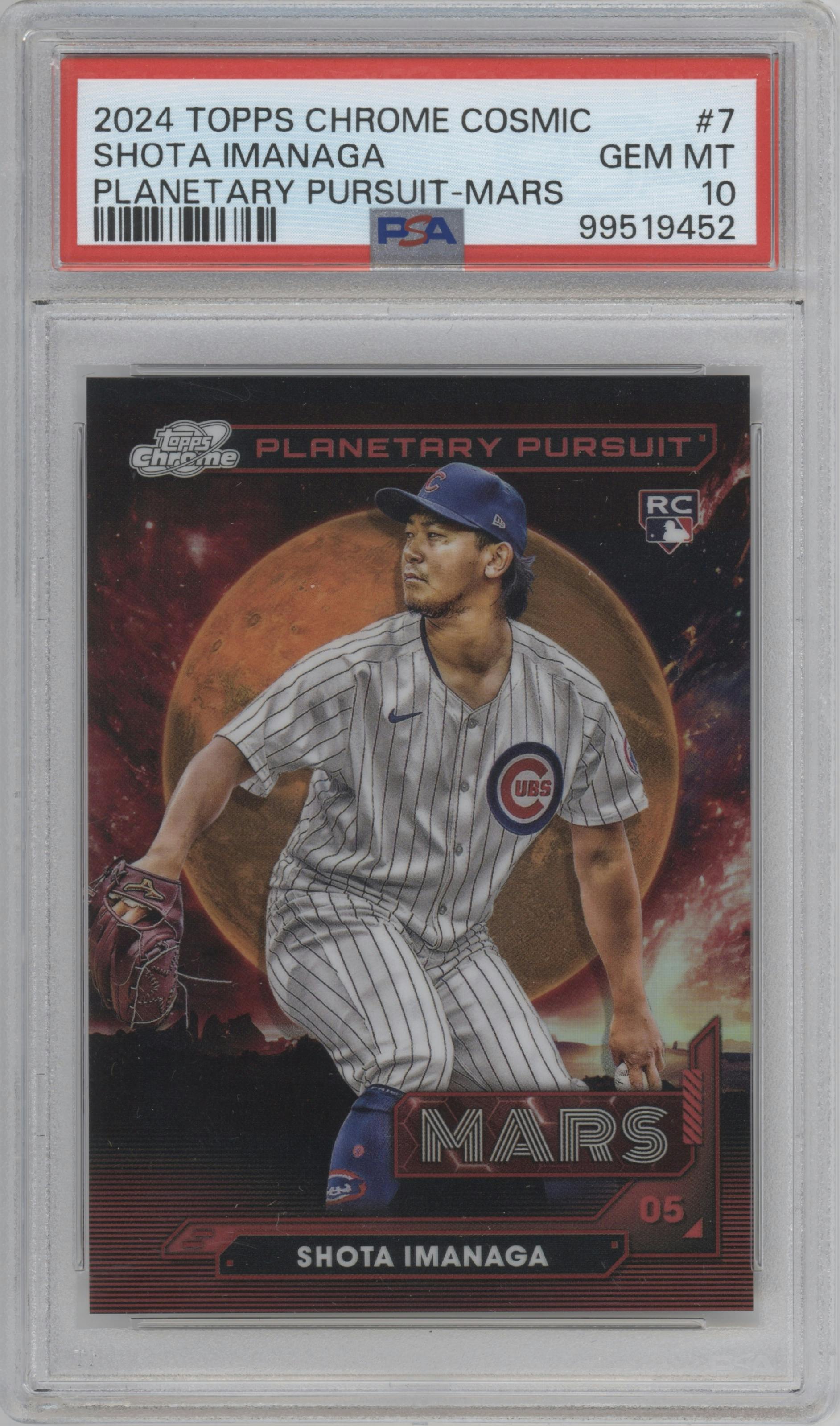Shota Imanaga from the 2024 Topps Cosmic Chrome set graded by PSA and given an overall grade of 10.