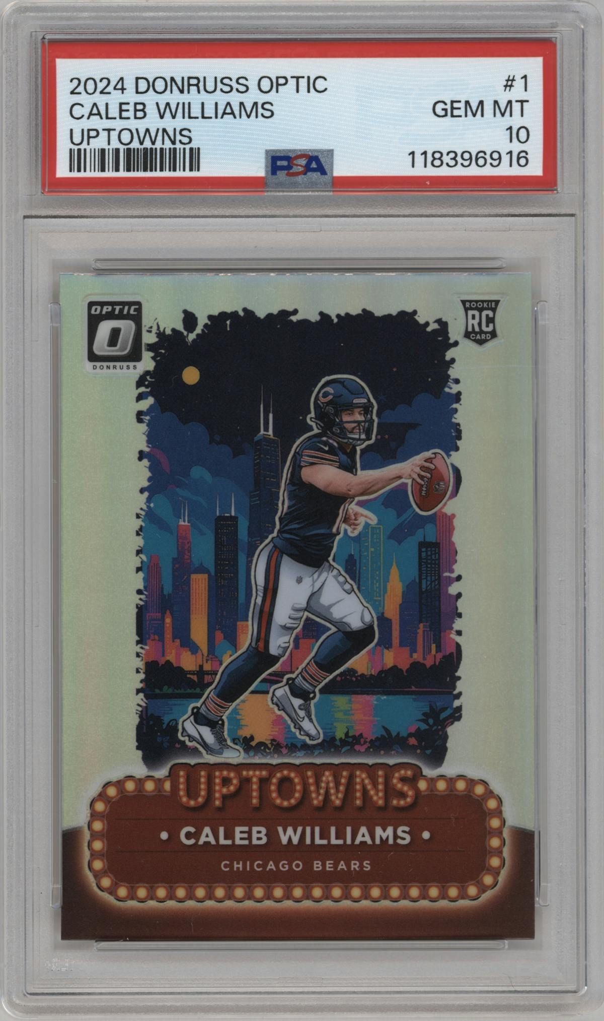 Caleb Williams from the 2024 Donruss Optic set graded by PSA and given an overall grade of 10.
