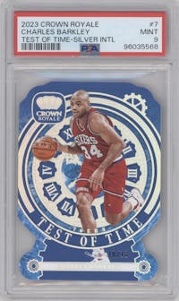 Charles Barkley from the 2023-24 Panini Crown Royale  set featuring a International Silver parallel graded by PSA and given an overall grade of 9.