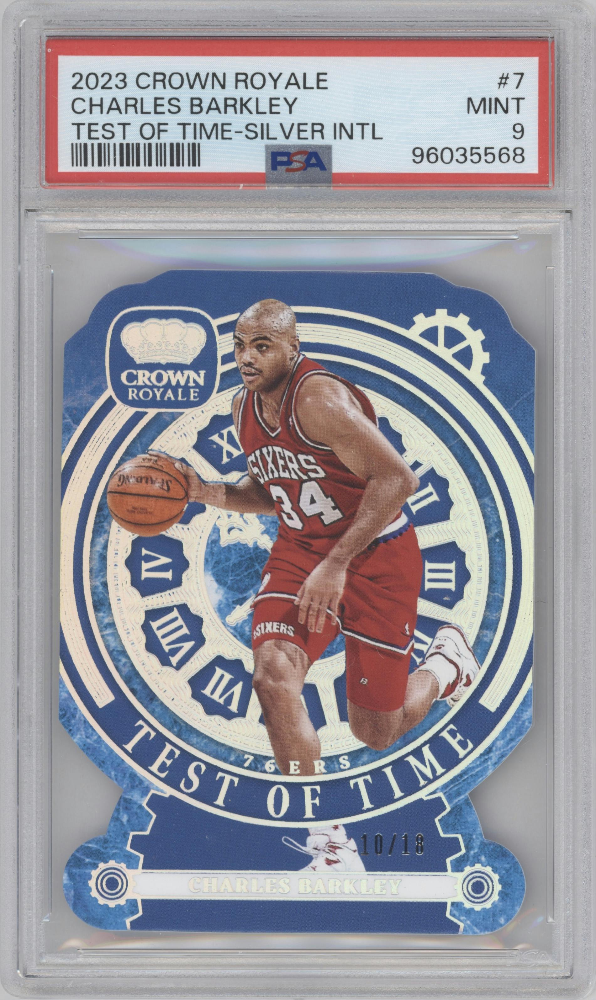 Charles Barkley from the 2023-24 Panini Crown Royale  set featuring a International Silver parallel graded by PSA and given an overall grade of 9.