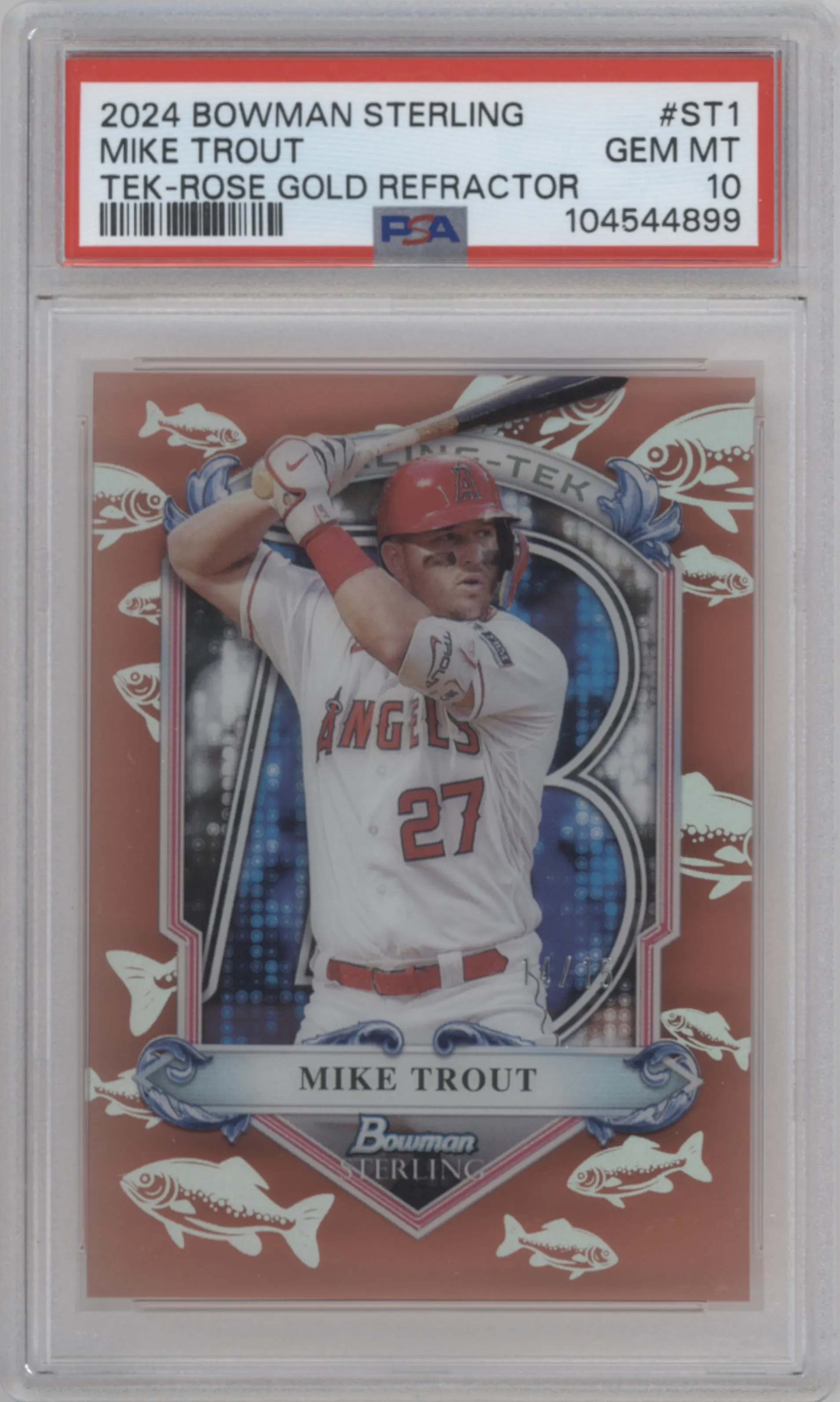 Mike Trout from the 2024 Bowman Sterling set featuring a Rose Gold parallel graded by PSA and given an overall grade of 10.