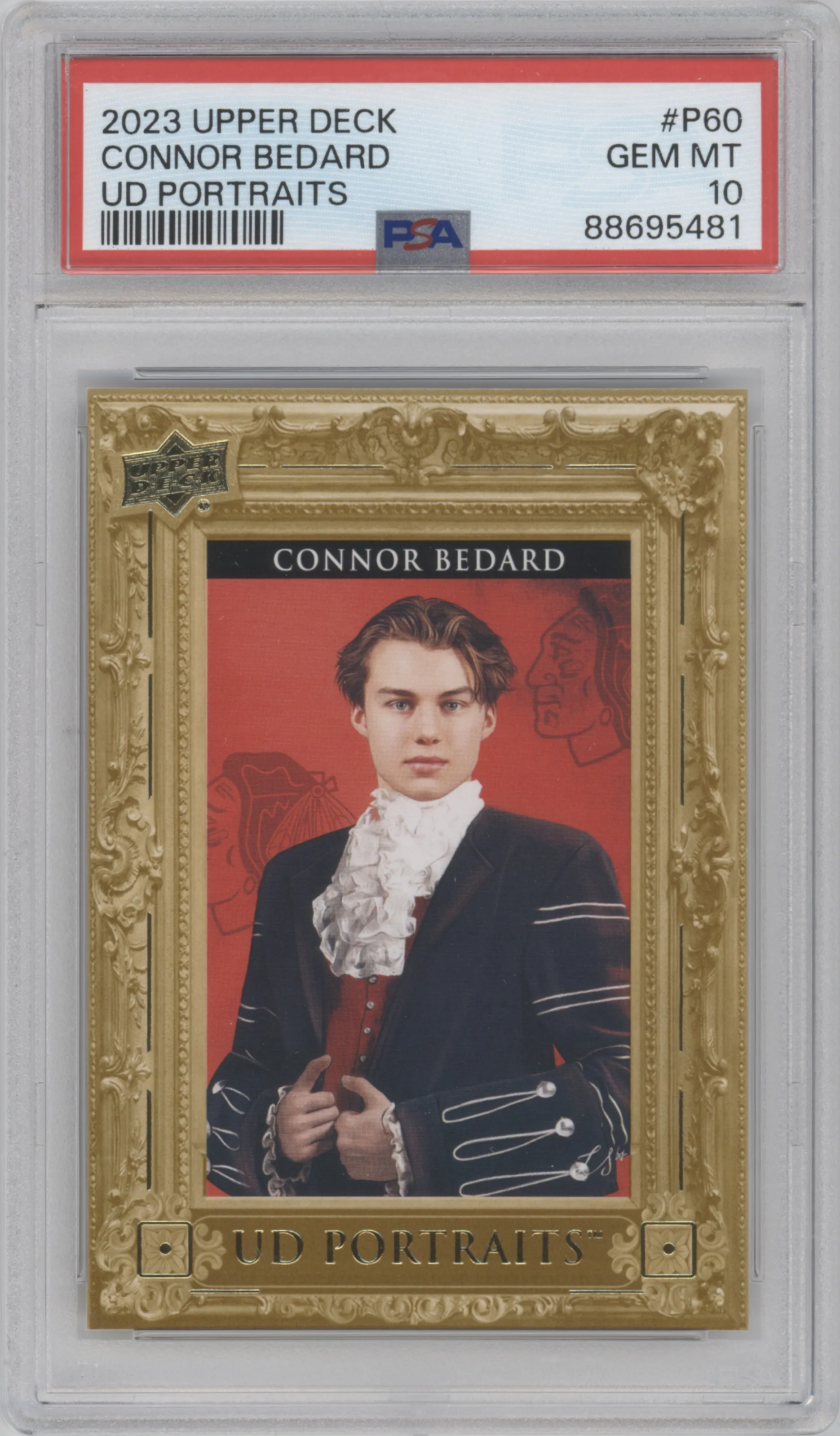 Connor Bedard from the 2023-24 Upper Deck Series 2 set graded by PSA and given an overall grade of 10.