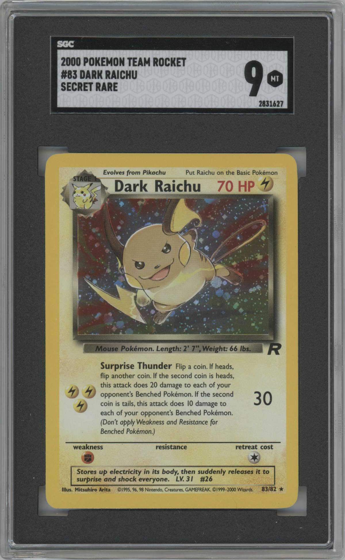 Dark Raichu from the 2000 Pokemon set graded by SGC and given an overall grade of 9.