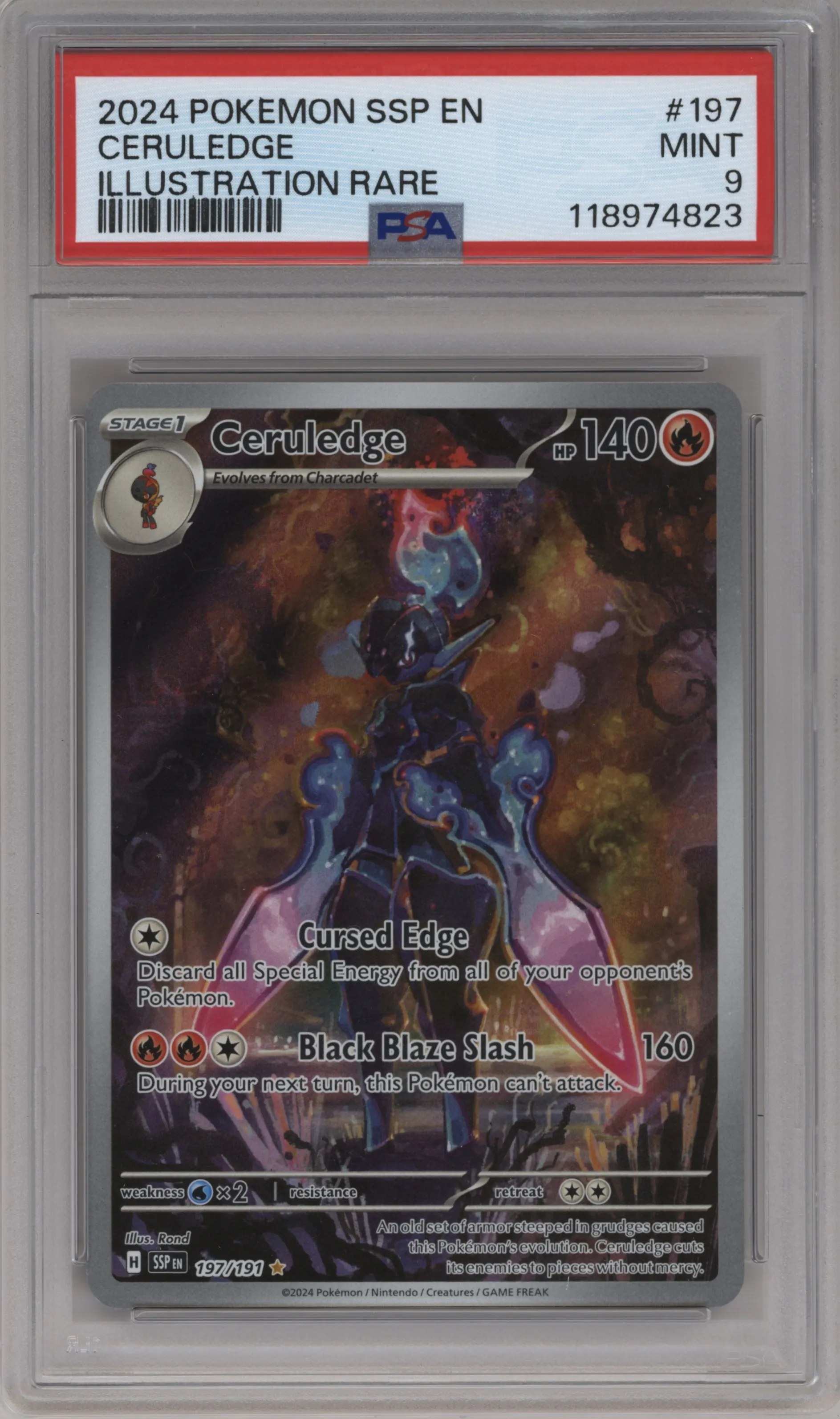 Ceruledge from the 2024 Pokemon SV set graded by PSA and given an overall grade of 9.