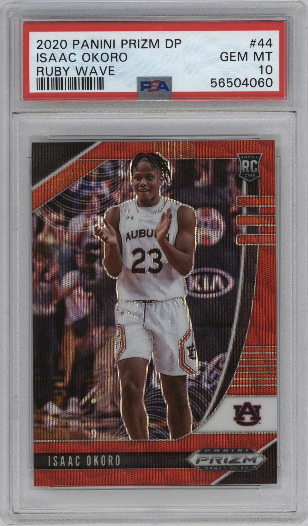 Isaac Okoro from the 2020-21 Panini Prizm Draft Picks set featuring a Ruby Wave parallel graded by PSA and given an overall grade of 10.
