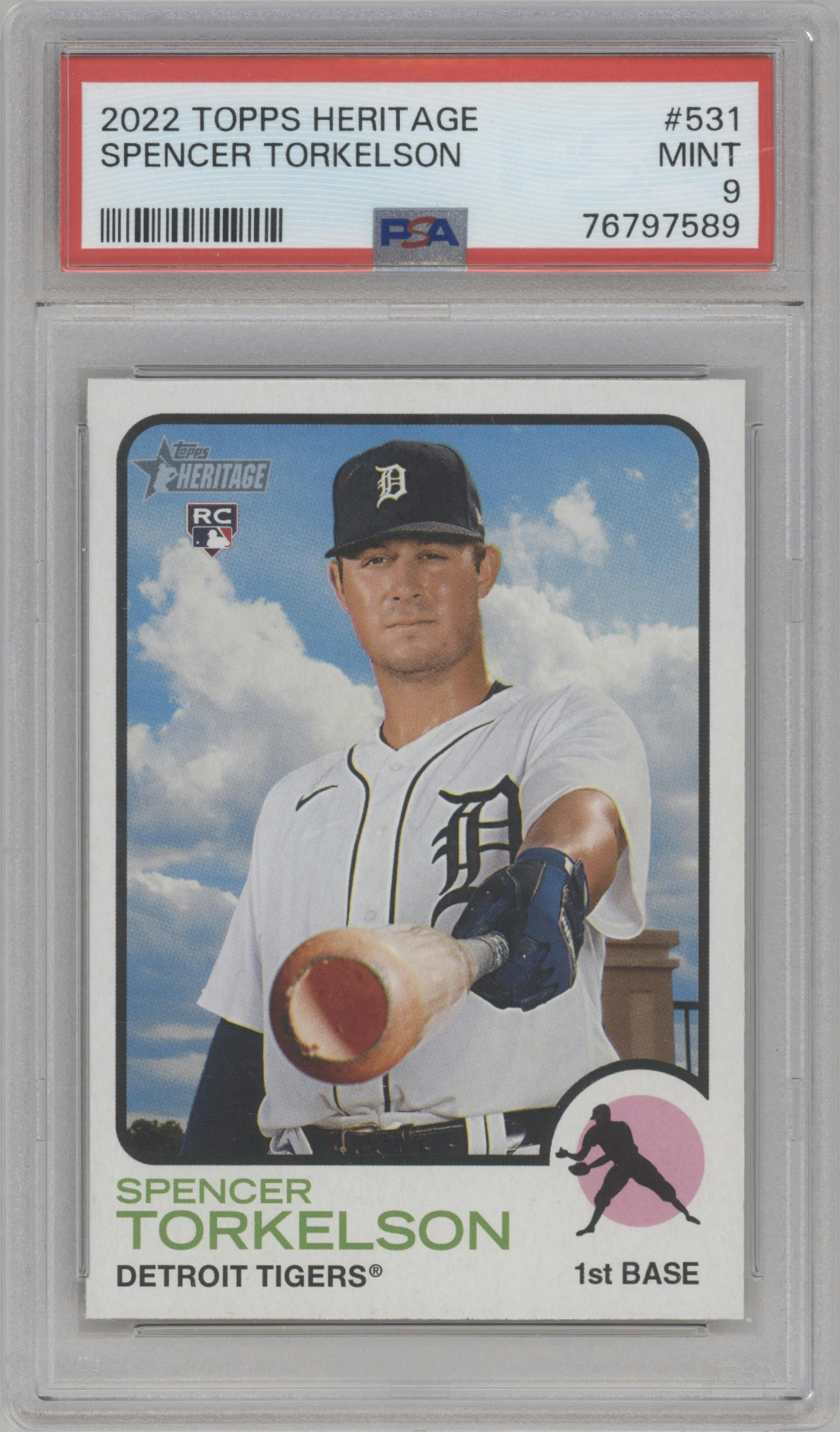 Spencer Torkelson from the 2022 Topps Heritage High Number set graded by PSA and given an overall grade of 9.