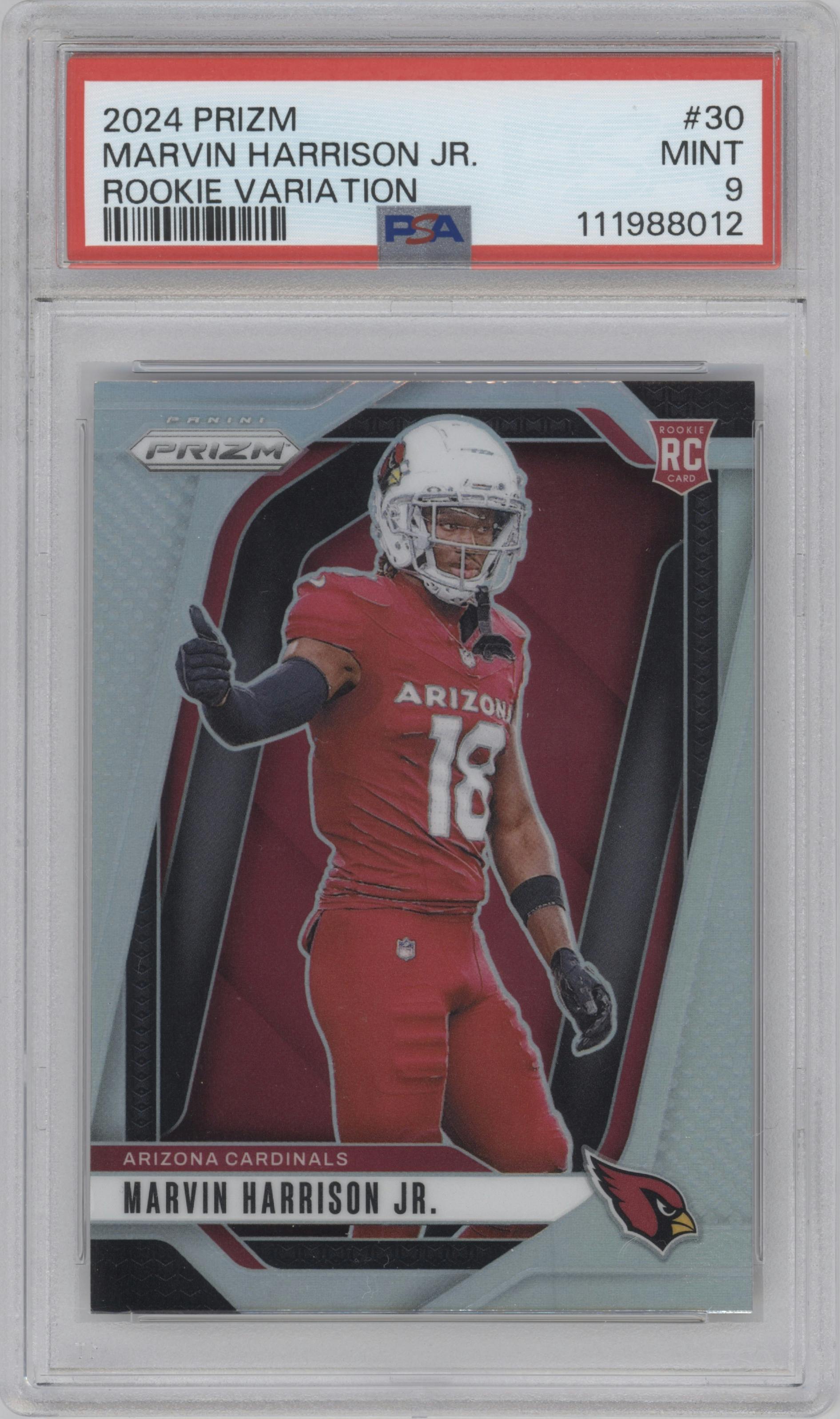 Marvin Harrison Jr. from the 2024 Panini Prizm set graded by PSA and given an overall grade of 9.