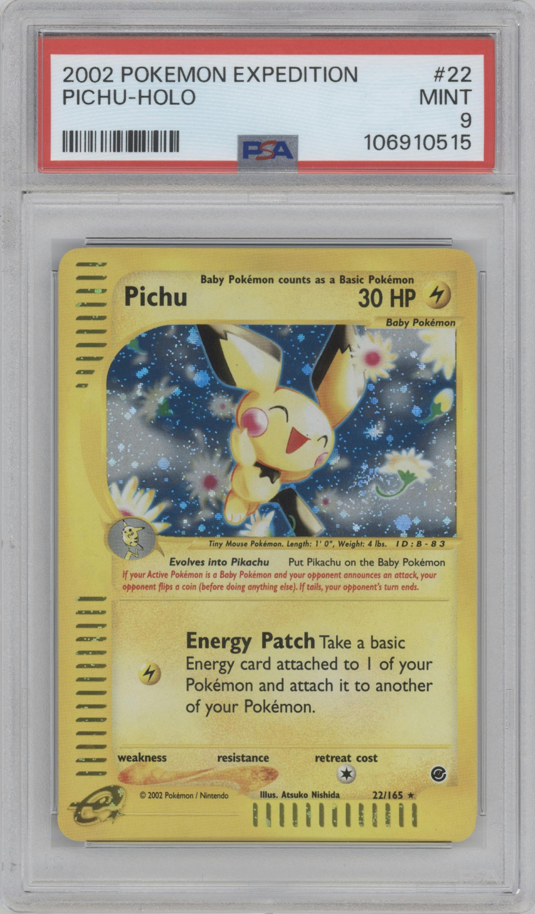 Pichu from the 2002 Pokemon E-CARD set graded by PSA and given an overall grade of 9.